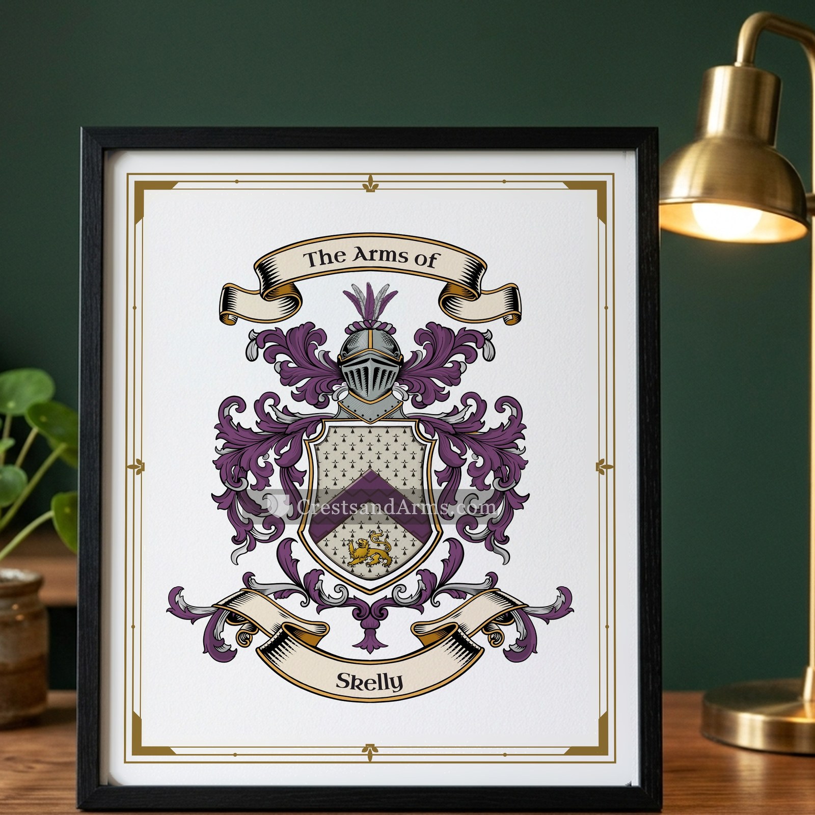 The Skelly arms on the framed, black wood