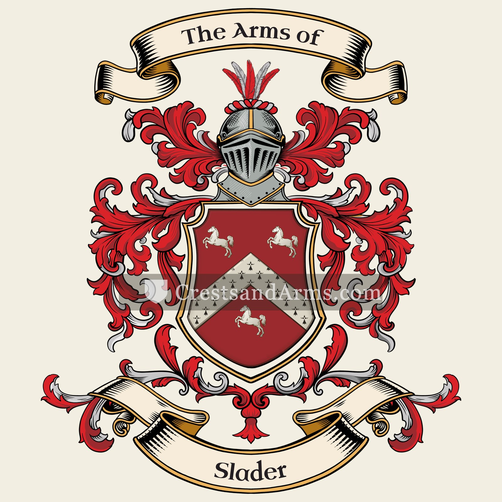 The Slader coat of arms, drawn from the recorded blazon