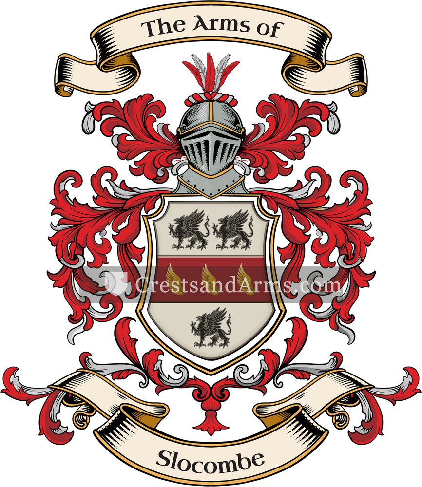 The Slocombe coat of arms, drawn from the recorded blazon