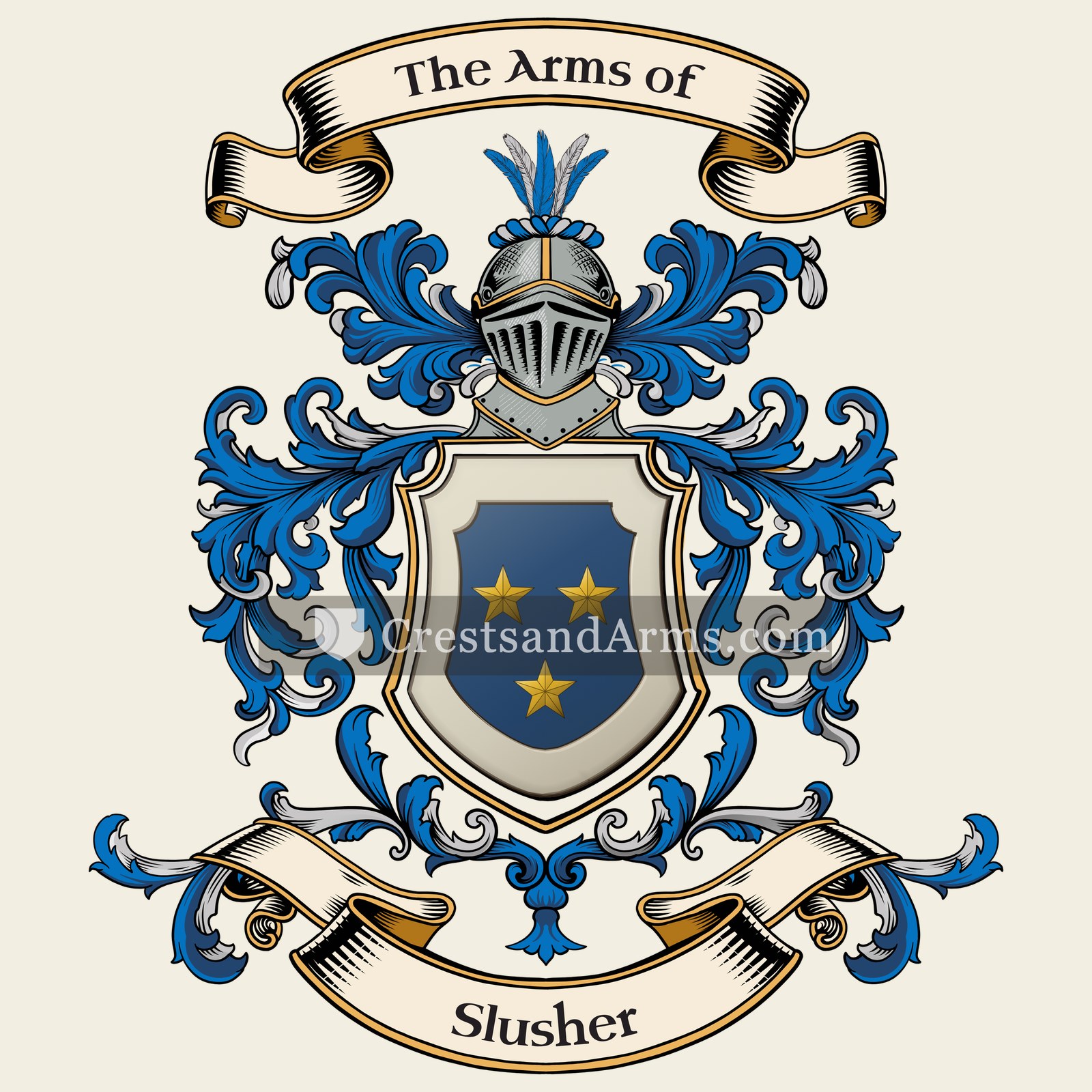 The Slusher coat of arms, drawn from the recorded blazon