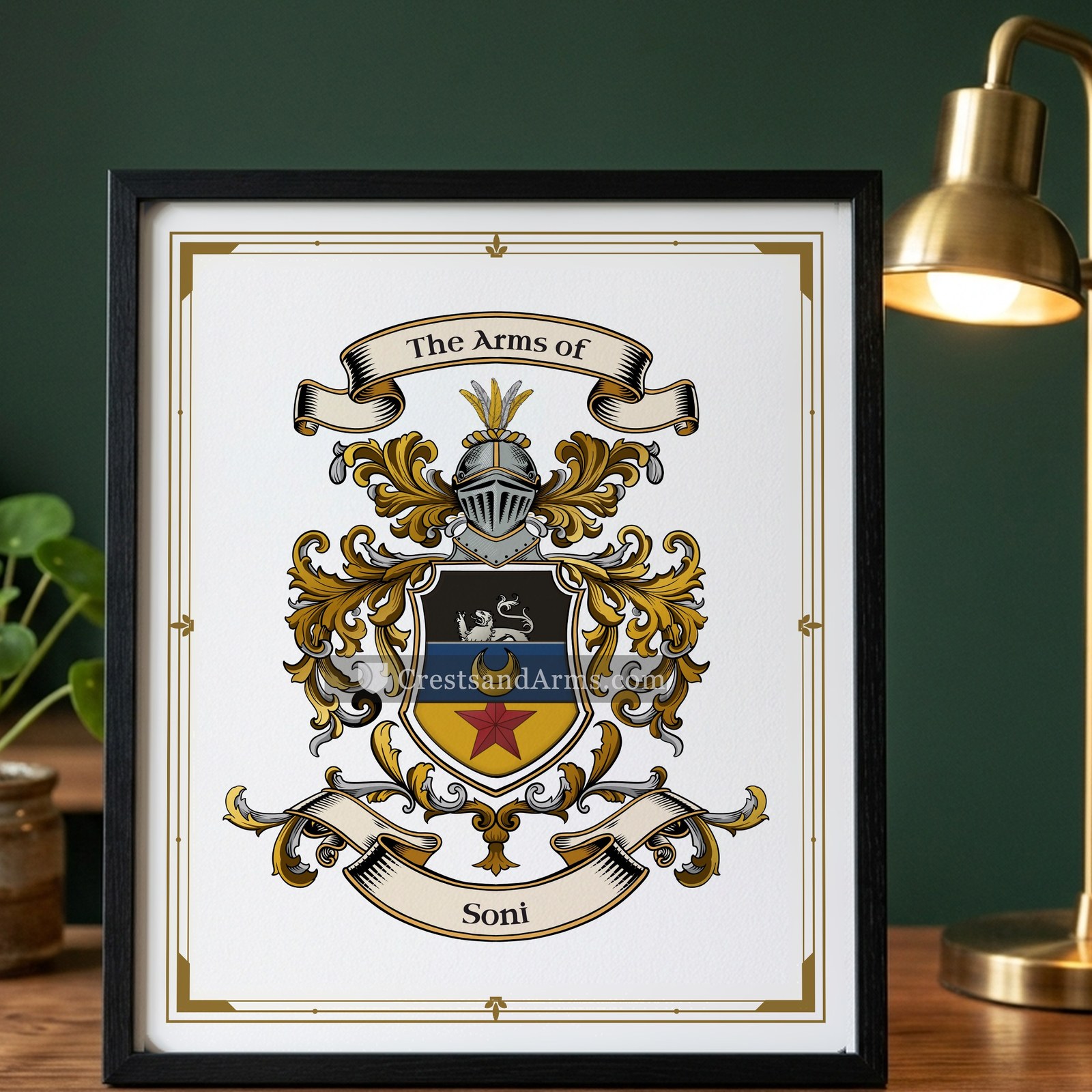 The Soni arms on the framed, black wood