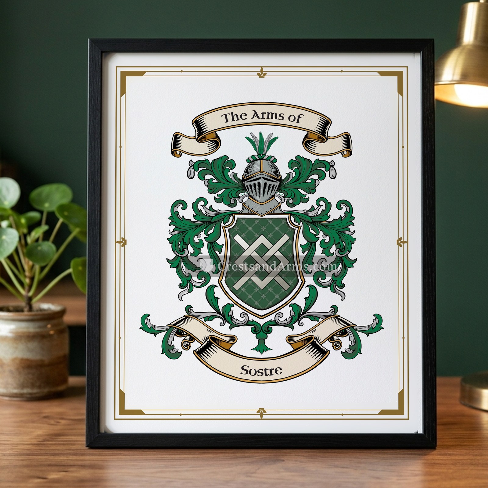 The Sostre arms on the framed, black wood