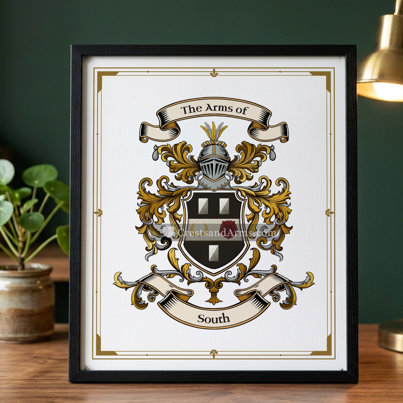 The South arms on the framed, black wood