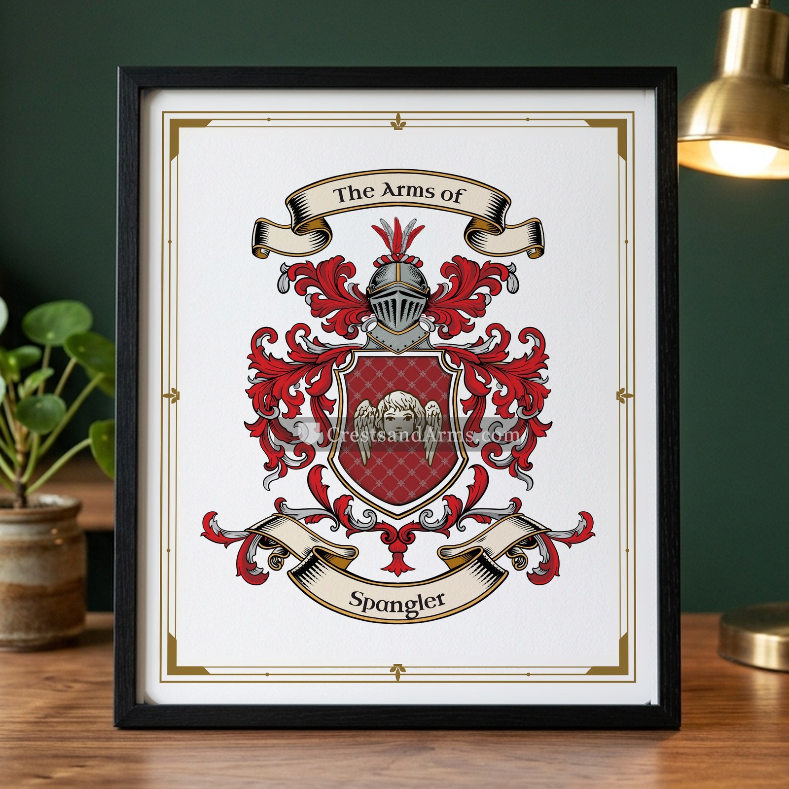 The Spangler arms on the framed, black wood