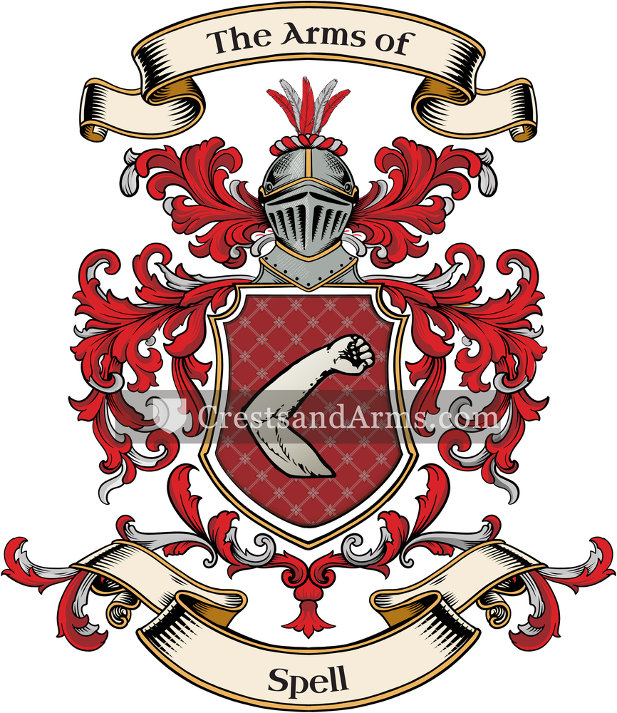 The Spell coat of arms, drawn from the recorded blazon
