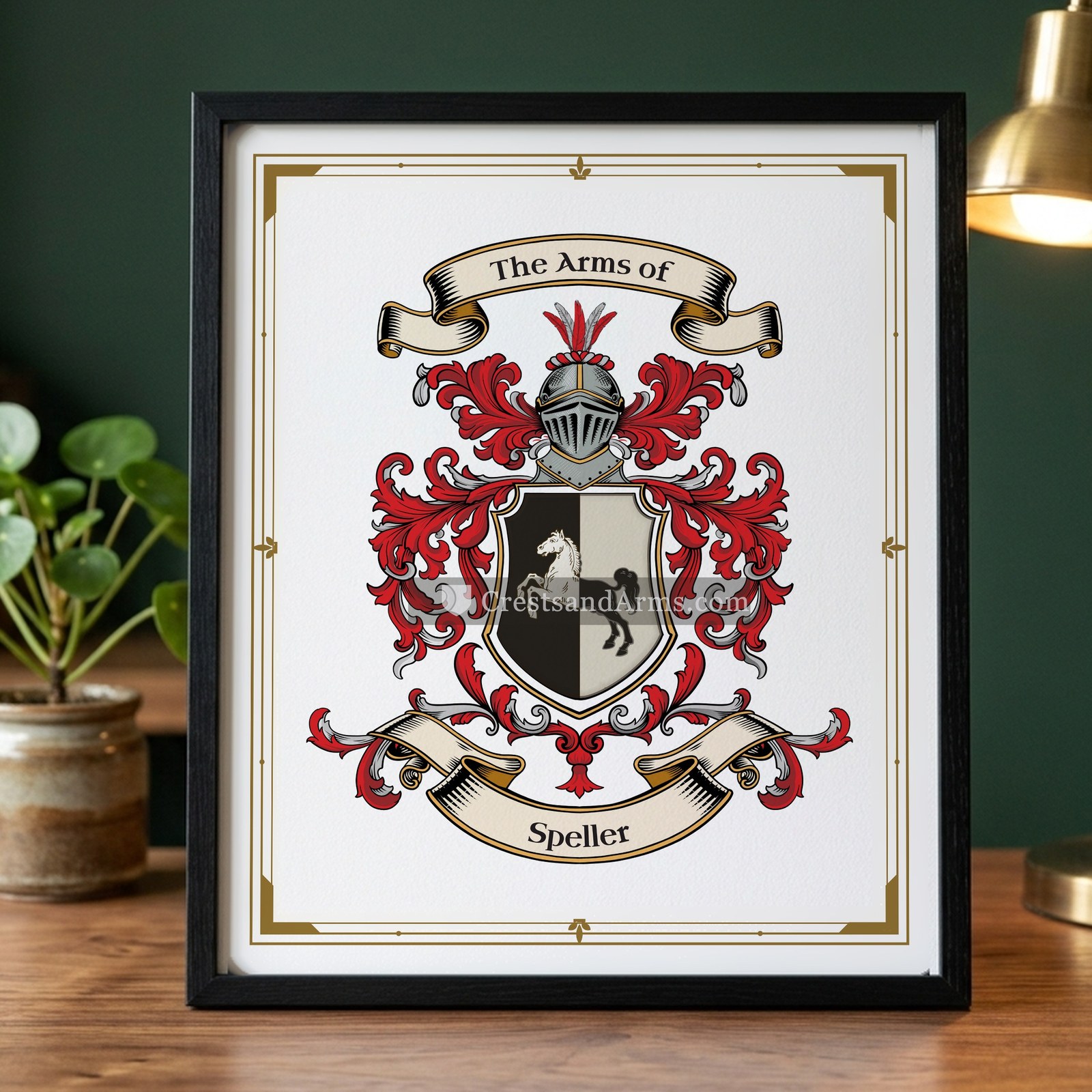 The Speller arms on the framed, black wood