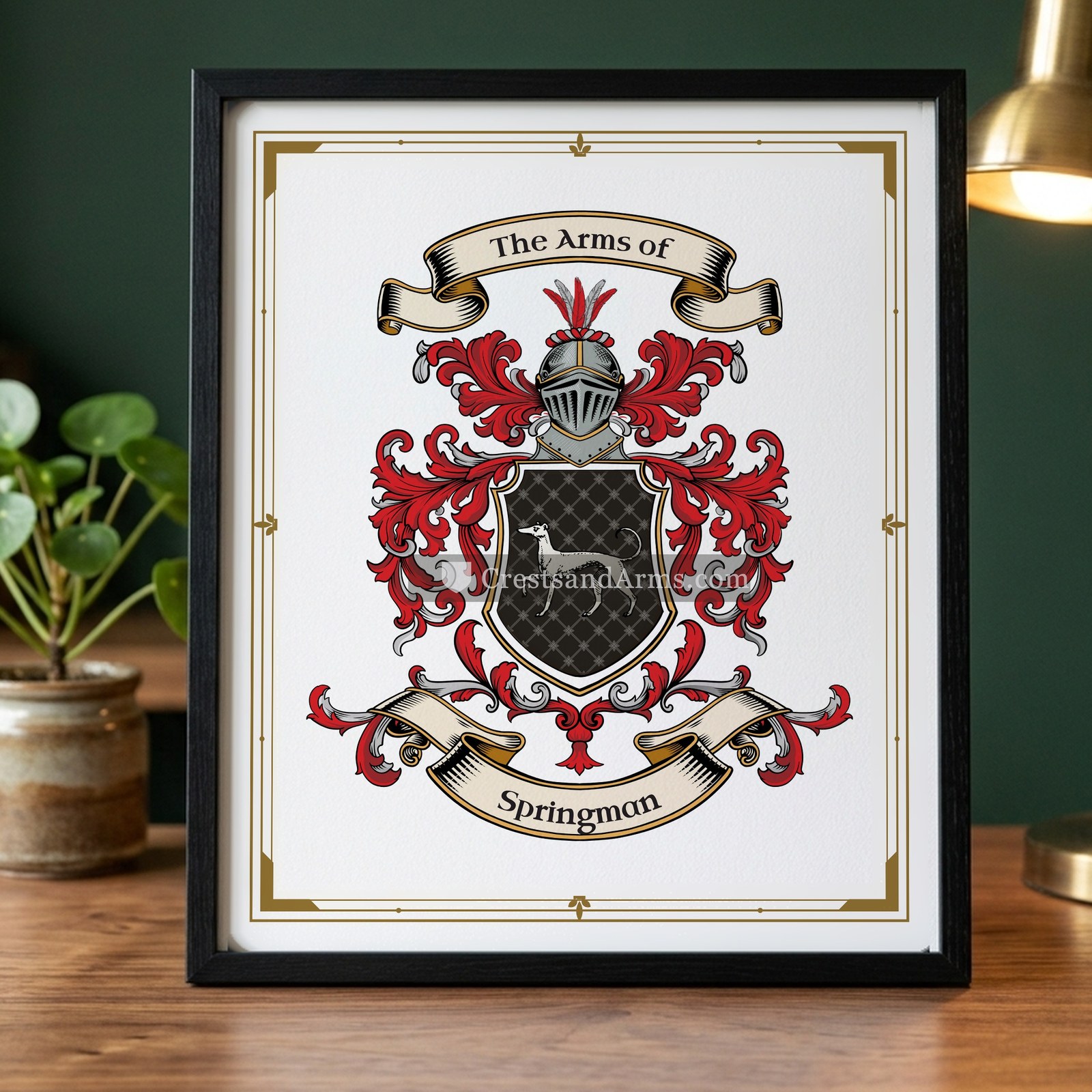 The Springman arms on the framed, black wood