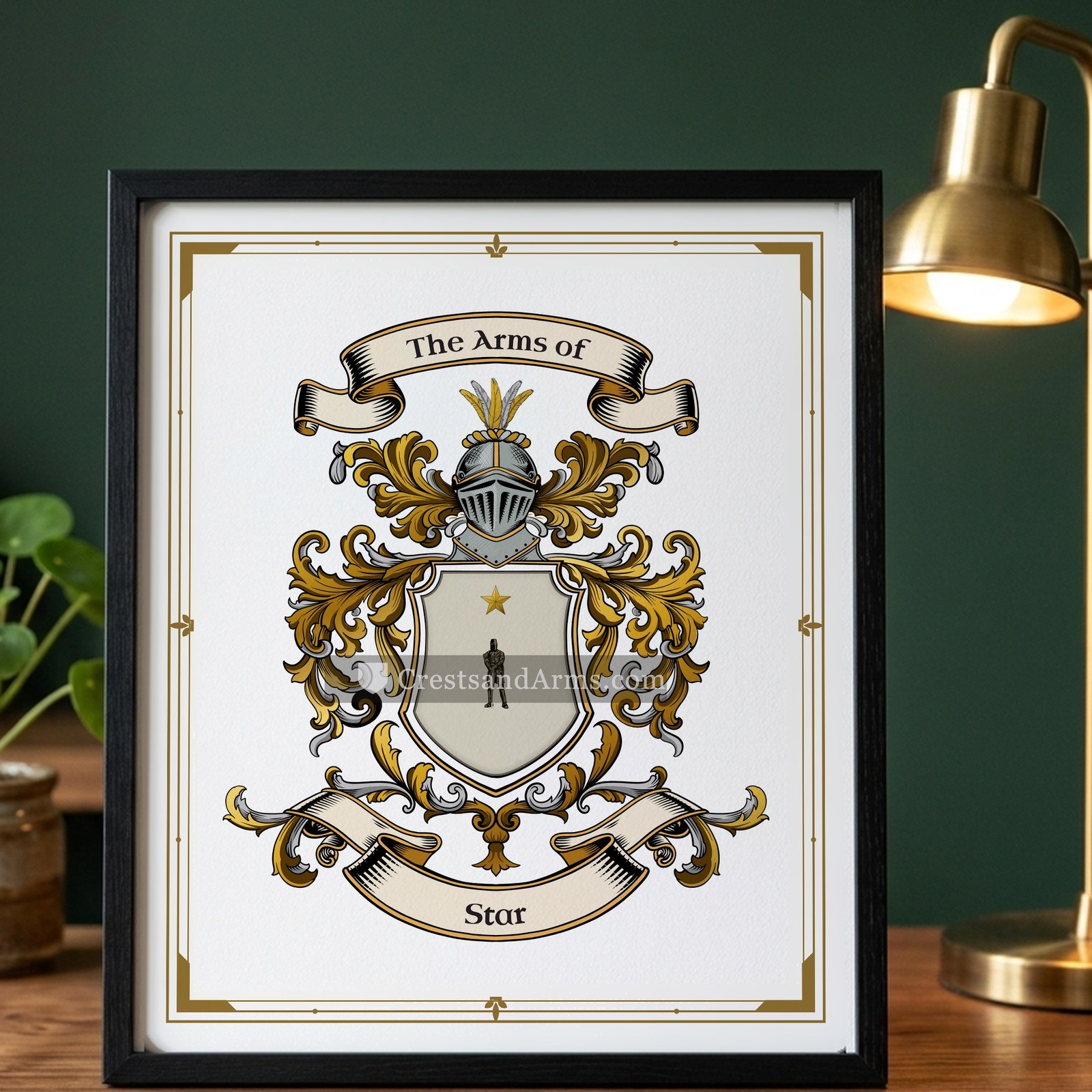 The Star arms on the framed, black wood