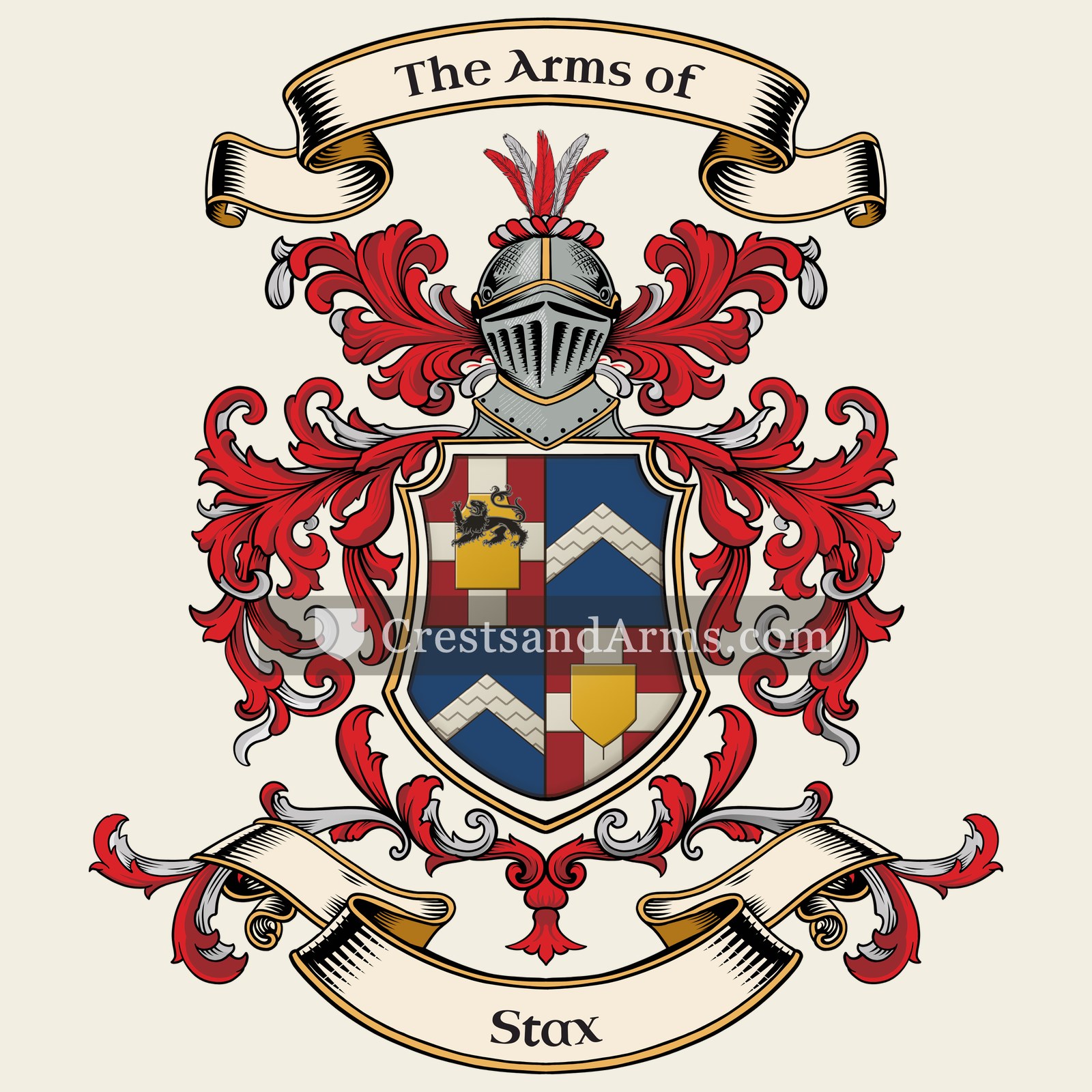 The Stax coat of arms, drawn from the recorded blazon
