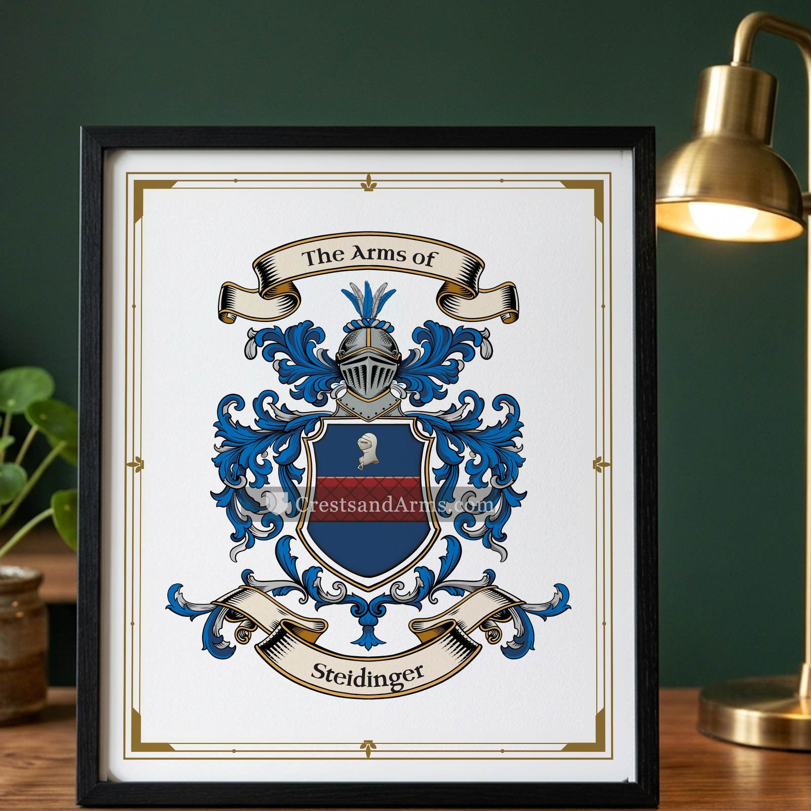The Steidinger arms on the framed, black wood