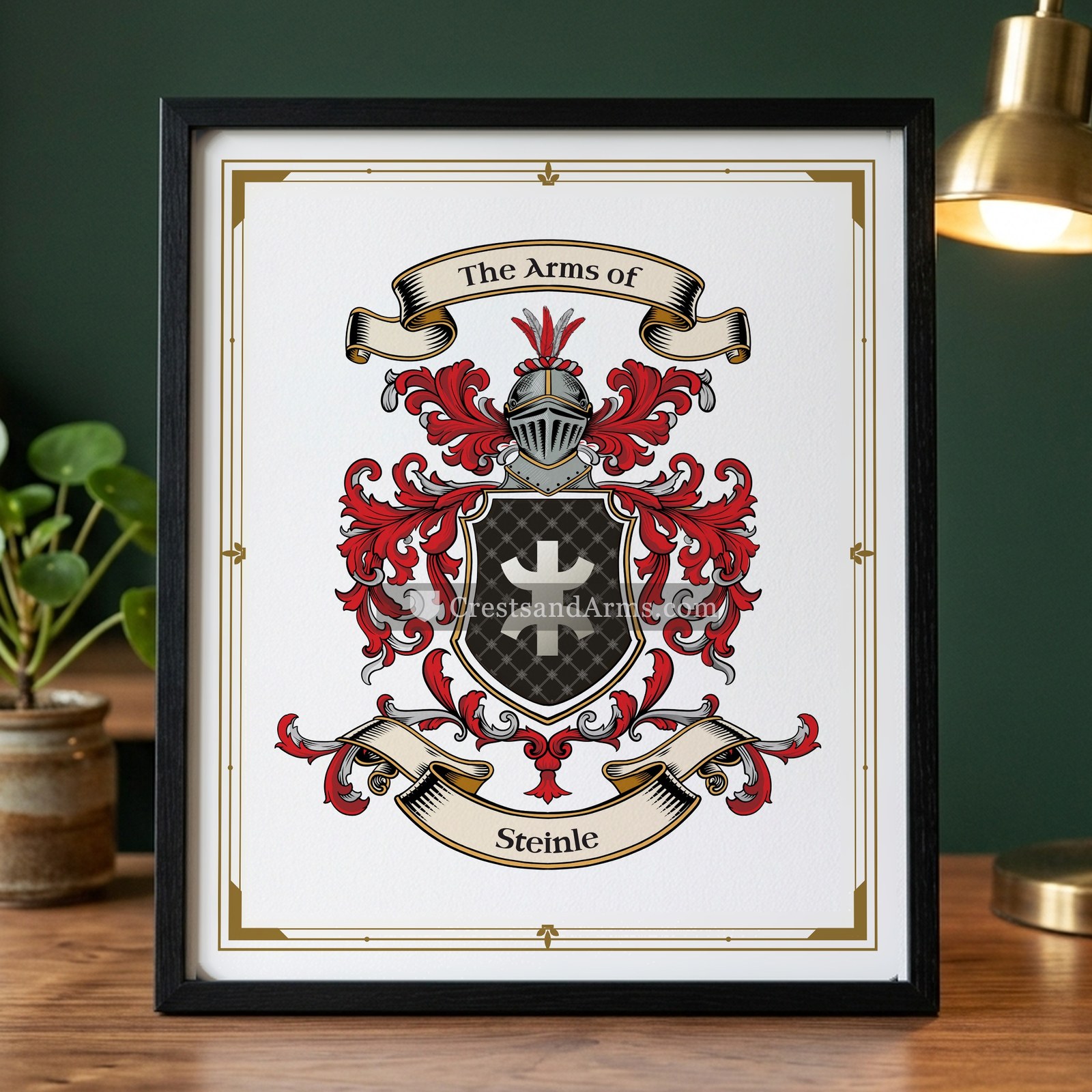 The Steinle arms on the framed, black wood