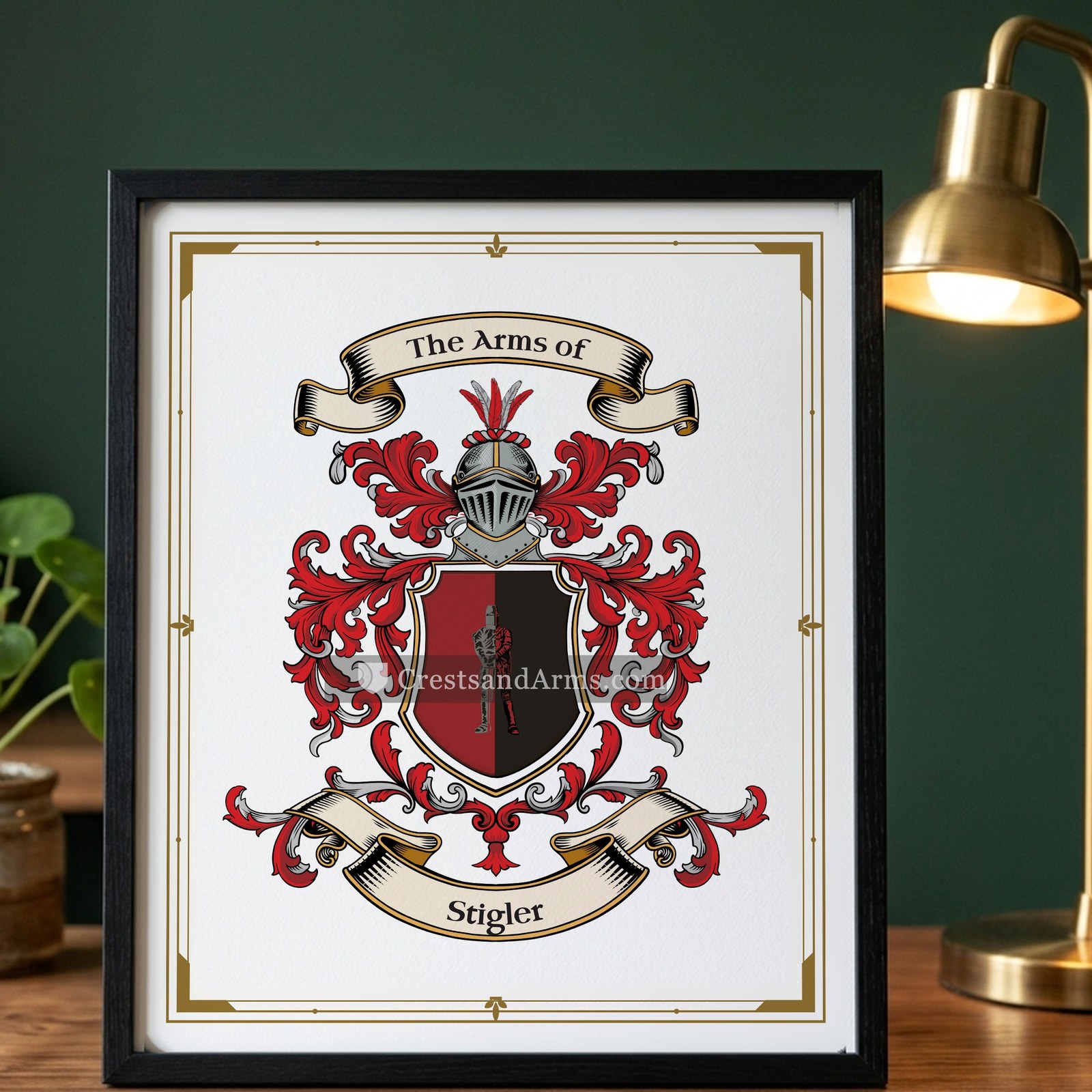 The Stigler arms on the framed, black wood