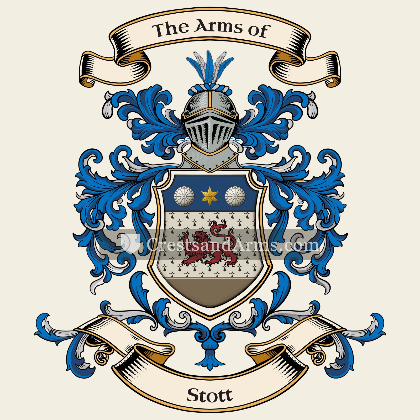 The Stott coat of arms, drawn from the recorded blazon