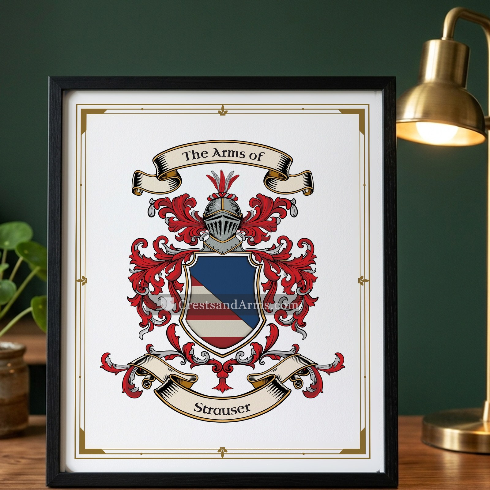 The Strauser arms on the framed, black wood