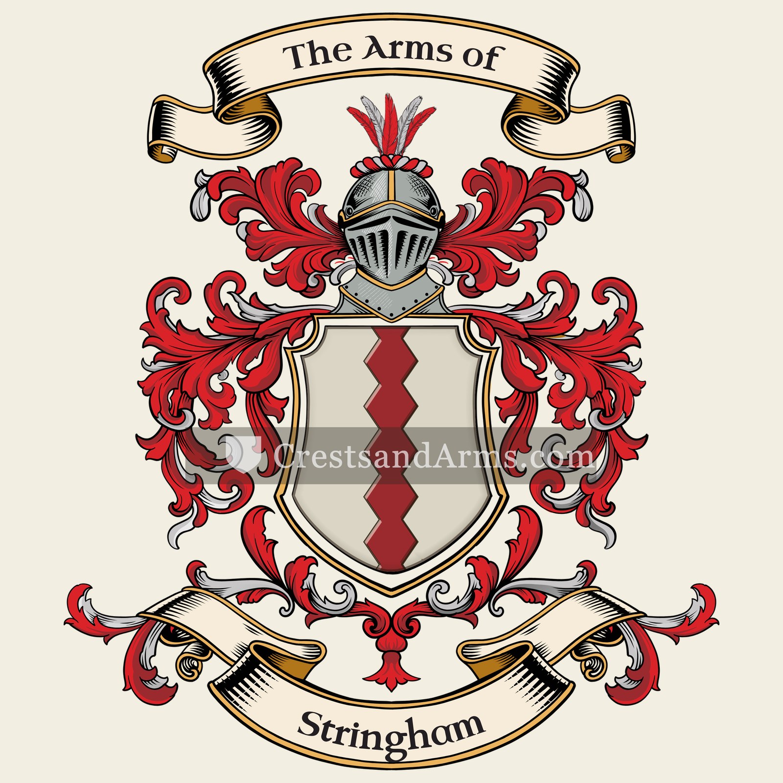 The Stringham coat of arms, drawn from the recorded blazon