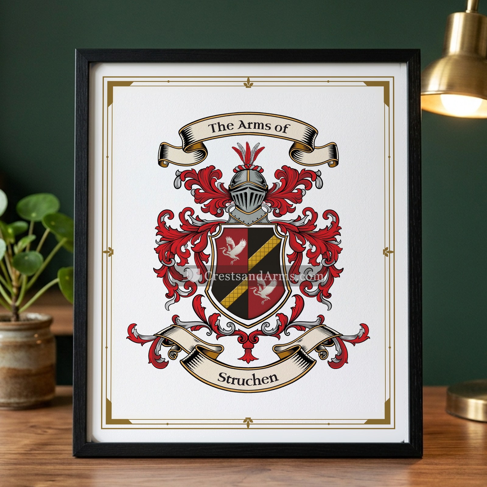 The Struchen arms on the framed, black wood