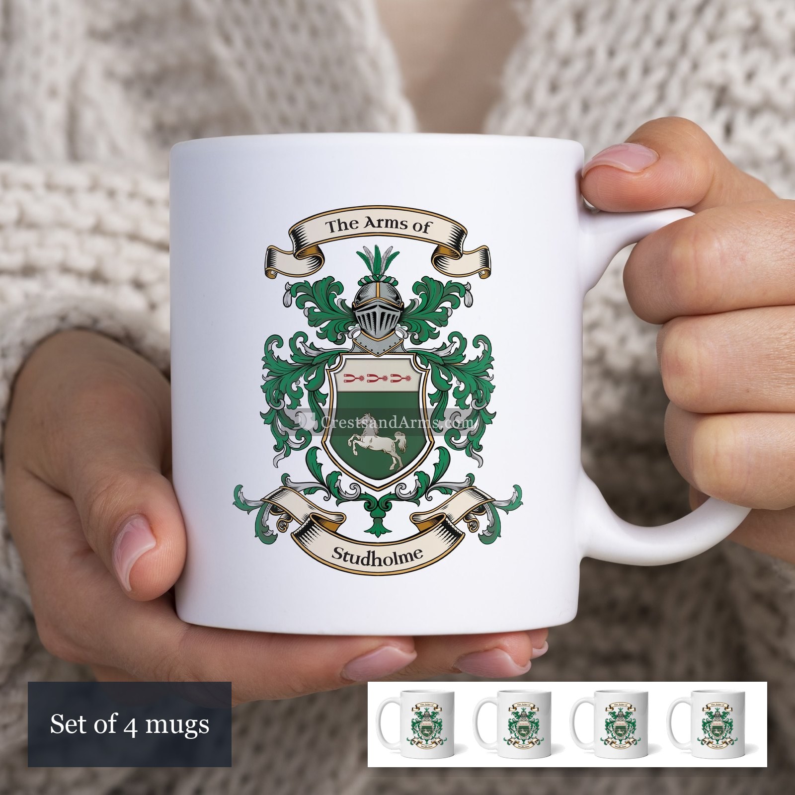 The Studholme arms on the set of 4 mugs
