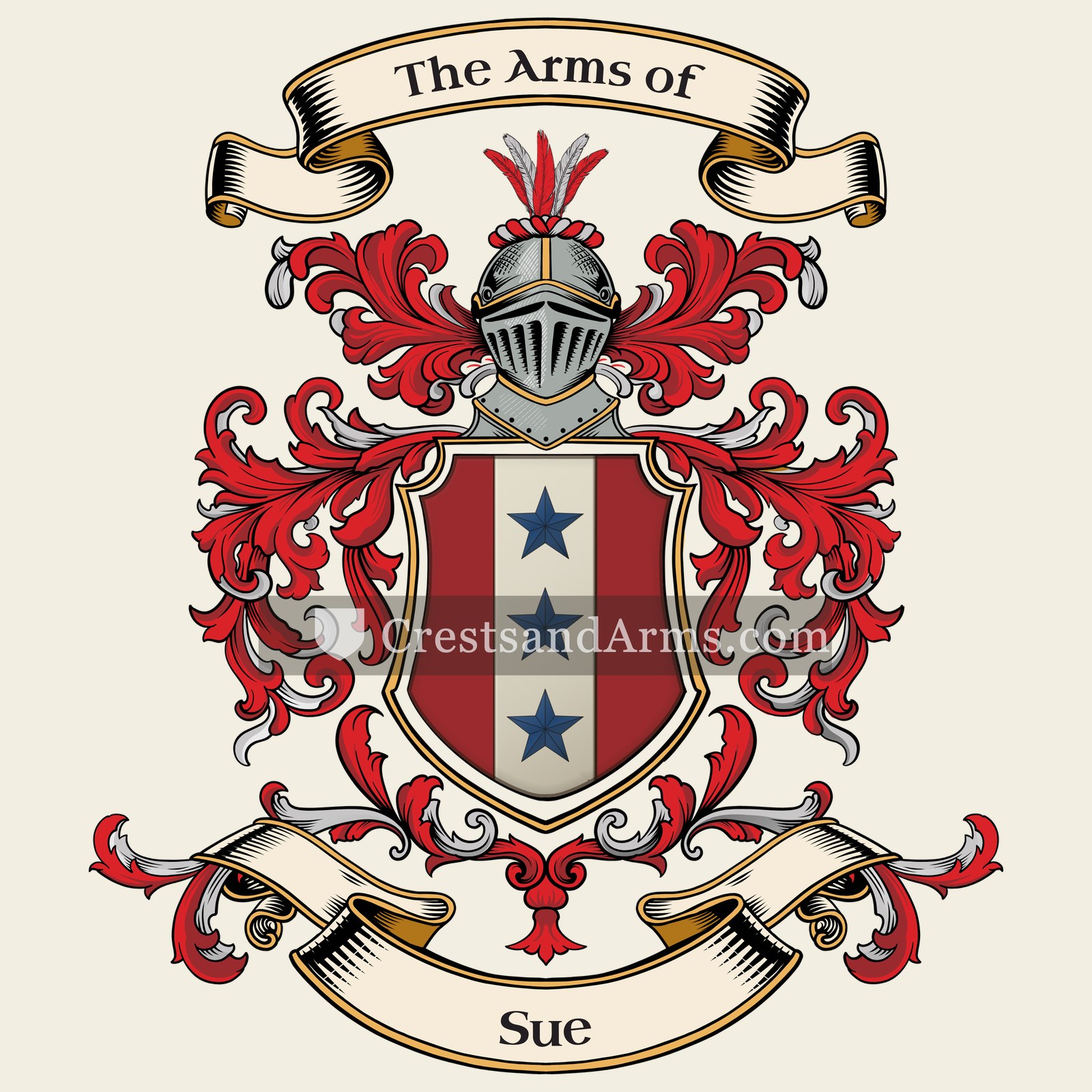The Sue coat of arms, drawn from the recorded blazon