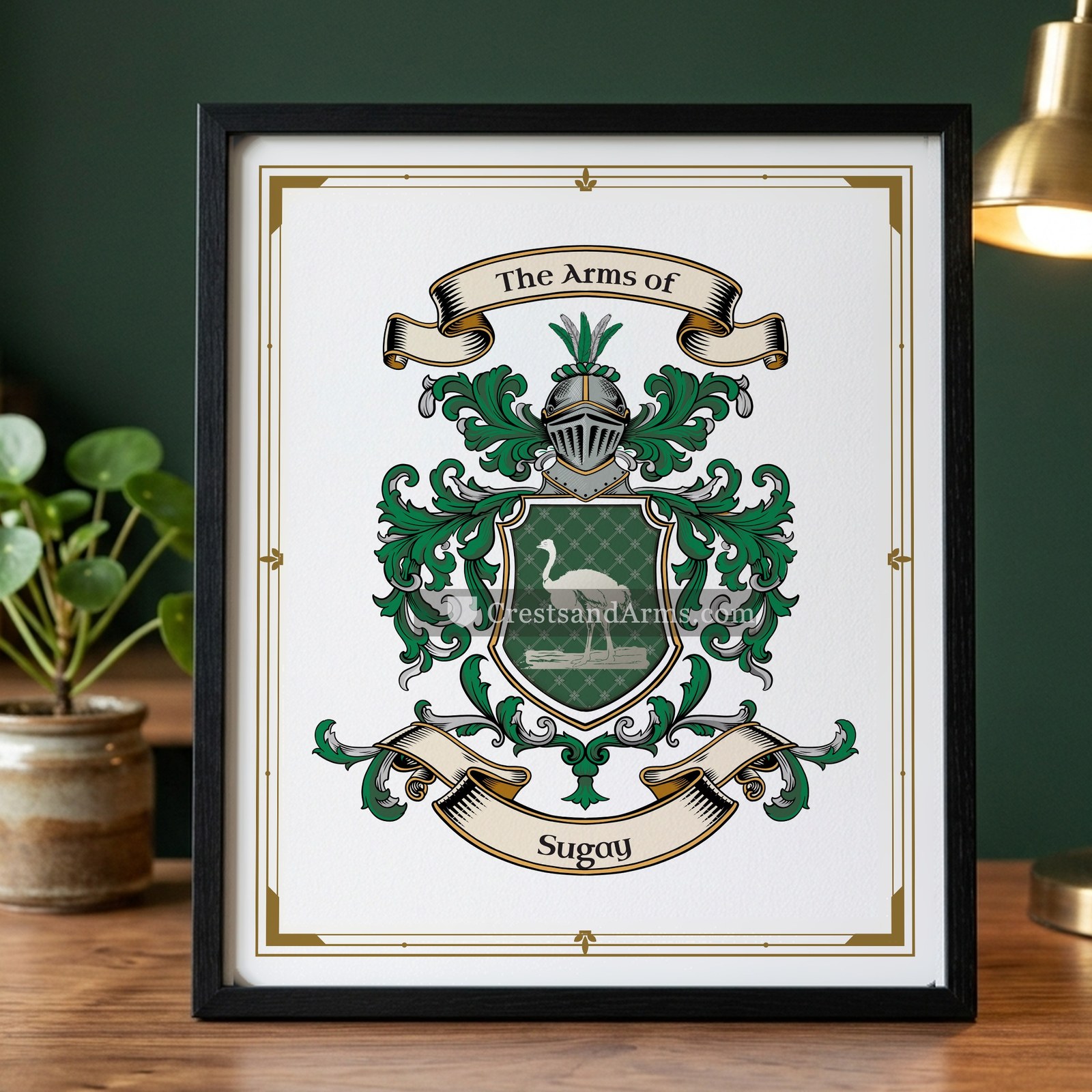The Sugay arms on the framed, black wood