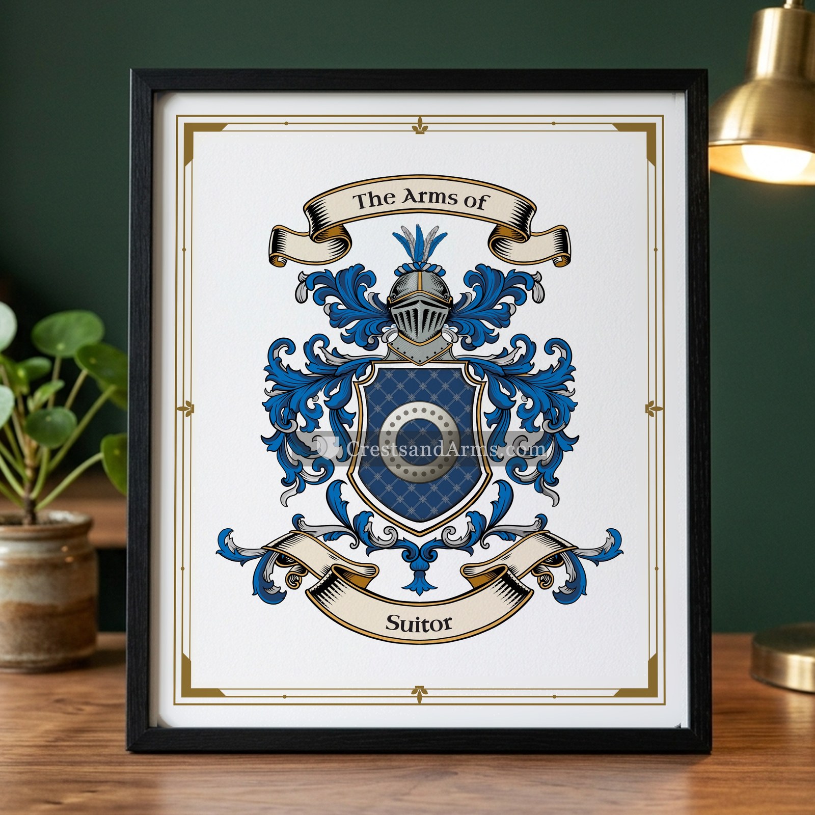 The Suitor arms on the framed, black wood