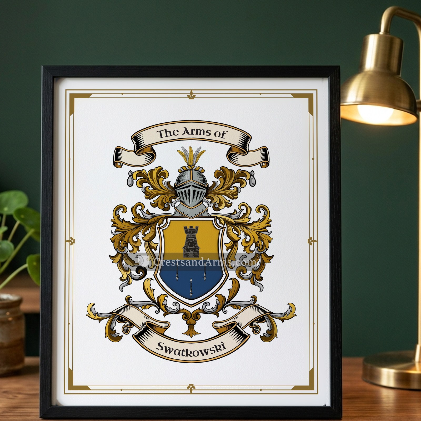 The Swatkowski arms on the framed, black wood