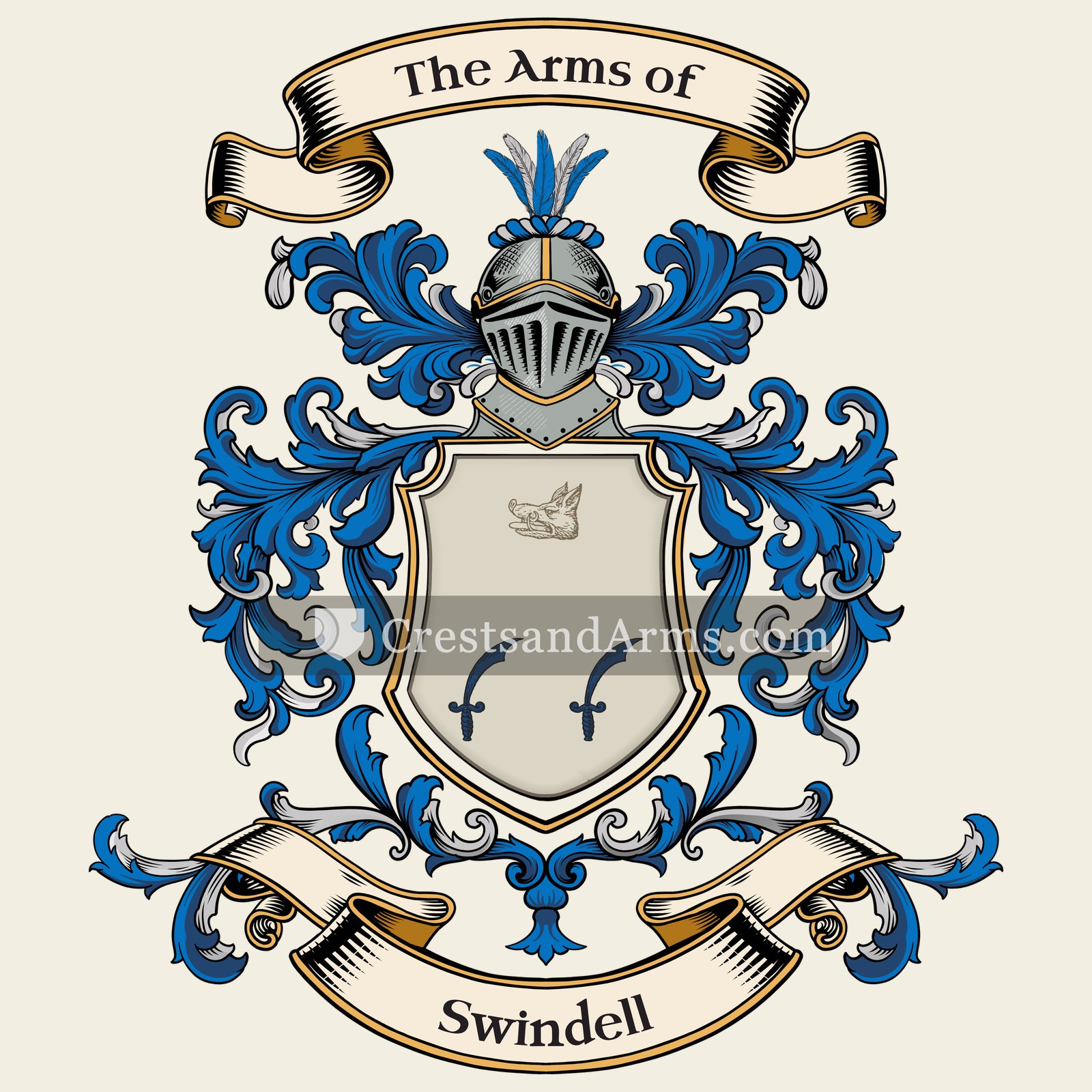 The Swindell coat of arms, drawn from the recorded blazon