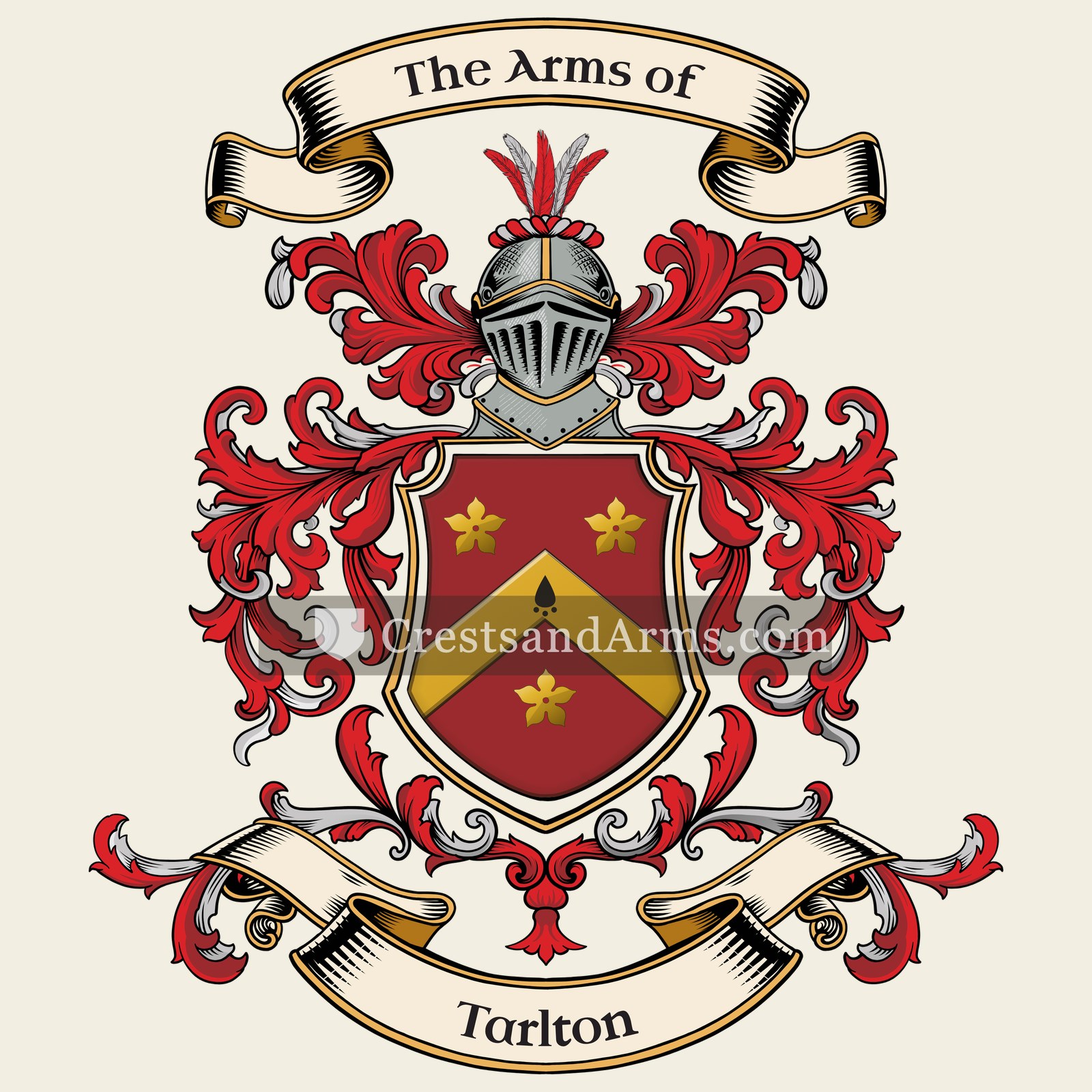 The Tarlton coat of arms, drawn from the recorded blazon