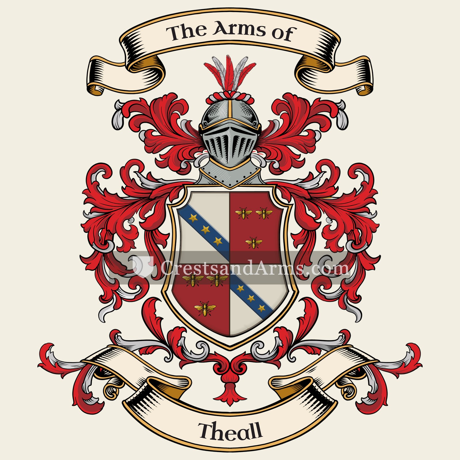 The Theall coat of arms, drawn from the recorded blazon