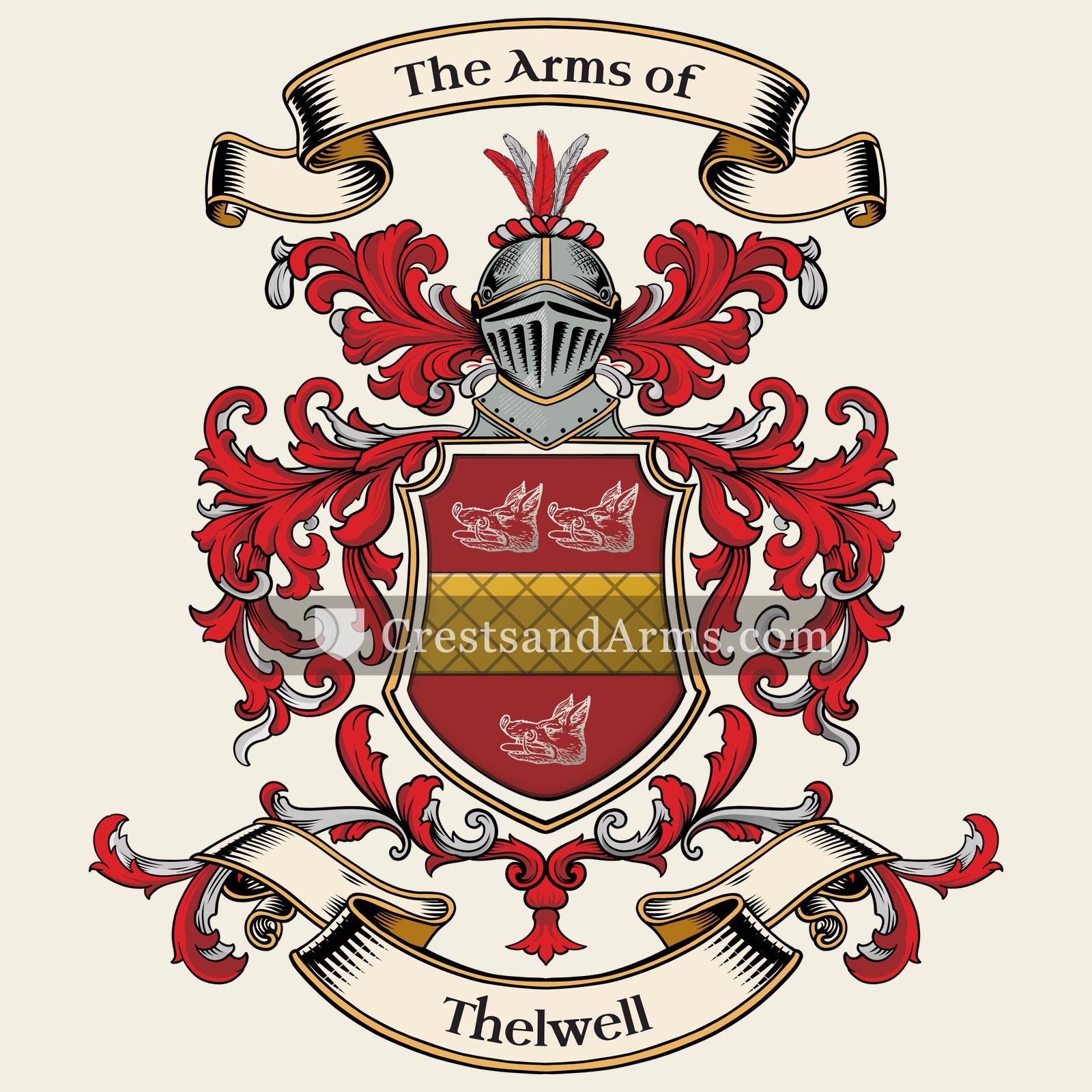 The Thelwell coat of arms, drawn from the recorded blazon