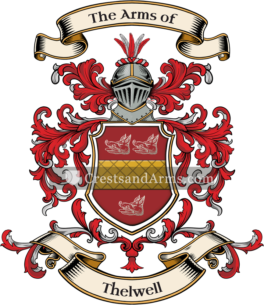 The Thelwell coat of arms, drawn from the recorded blazon