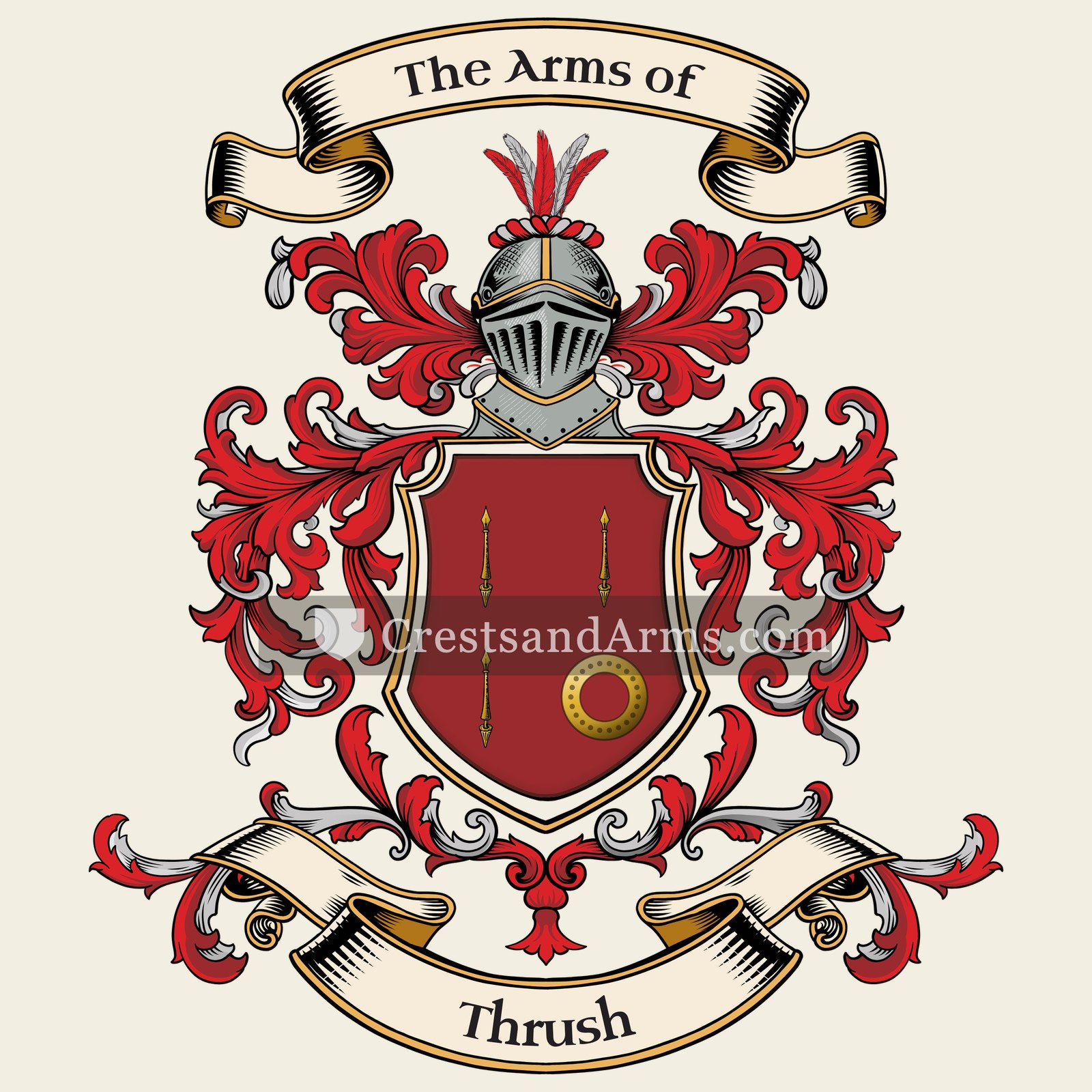 The Thrush coat of arms, drawn from the recorded blazon