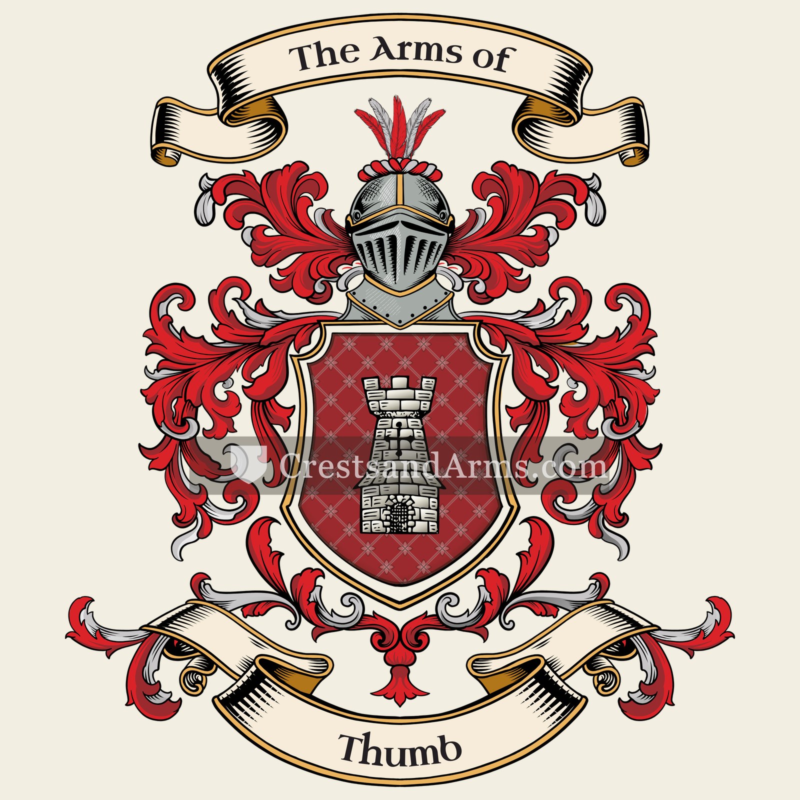 The Thumb coat of arms, drawn from the recorded blazon