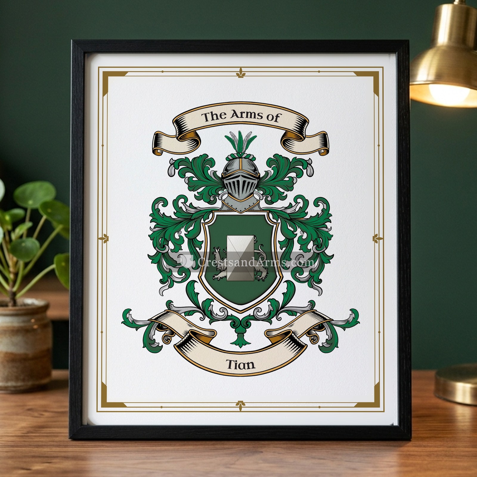 The Tian arms on the framed, black wood