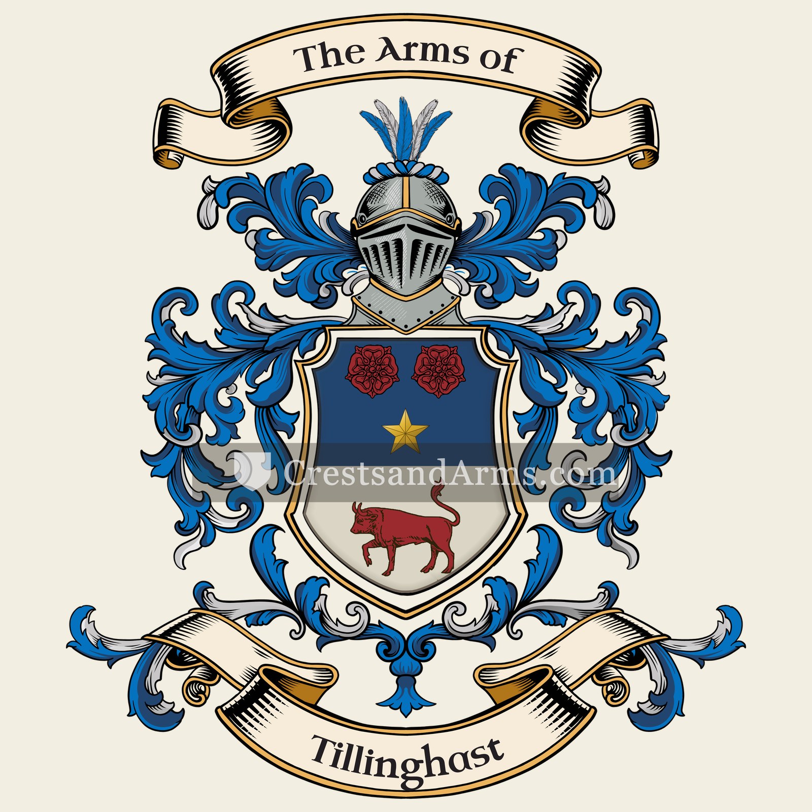 The Tillinghast coat of arms, drawn from the recorded blazon