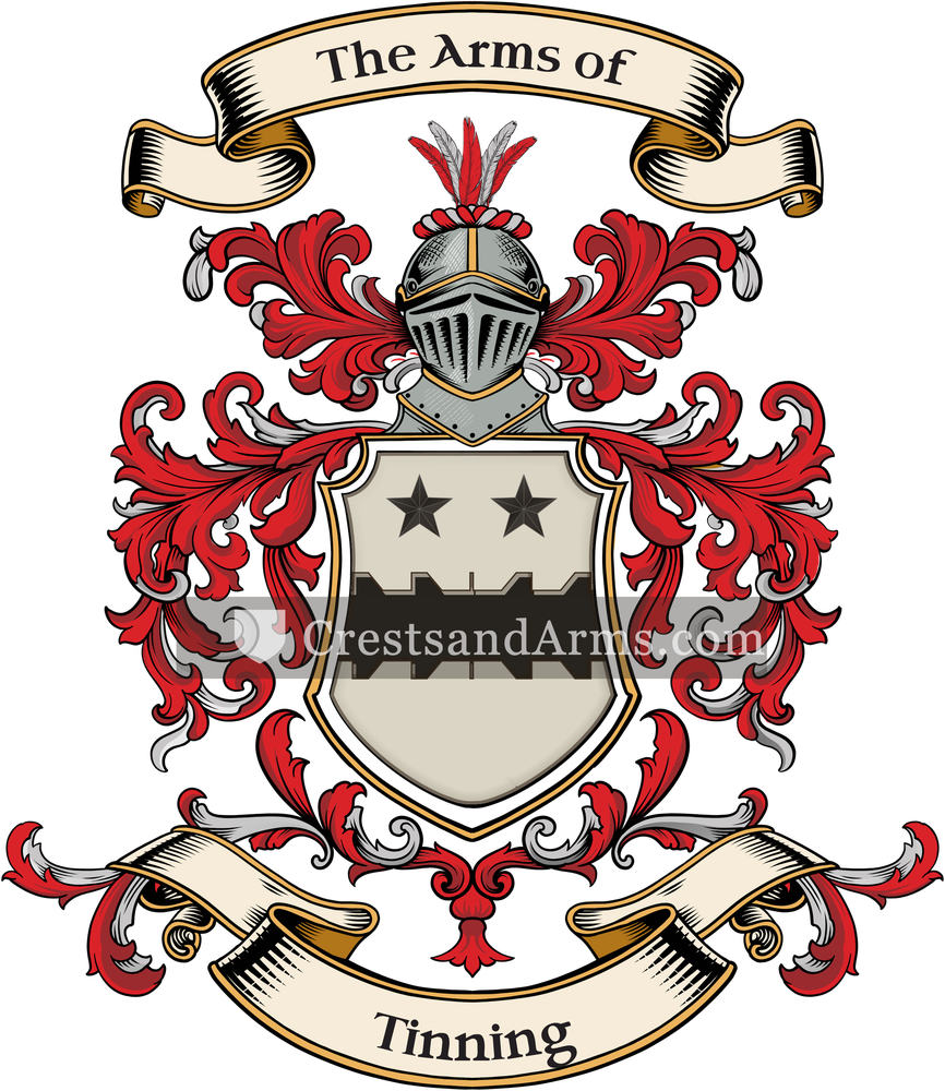 The Tinning coat of arms, drawn from the recorded blazon