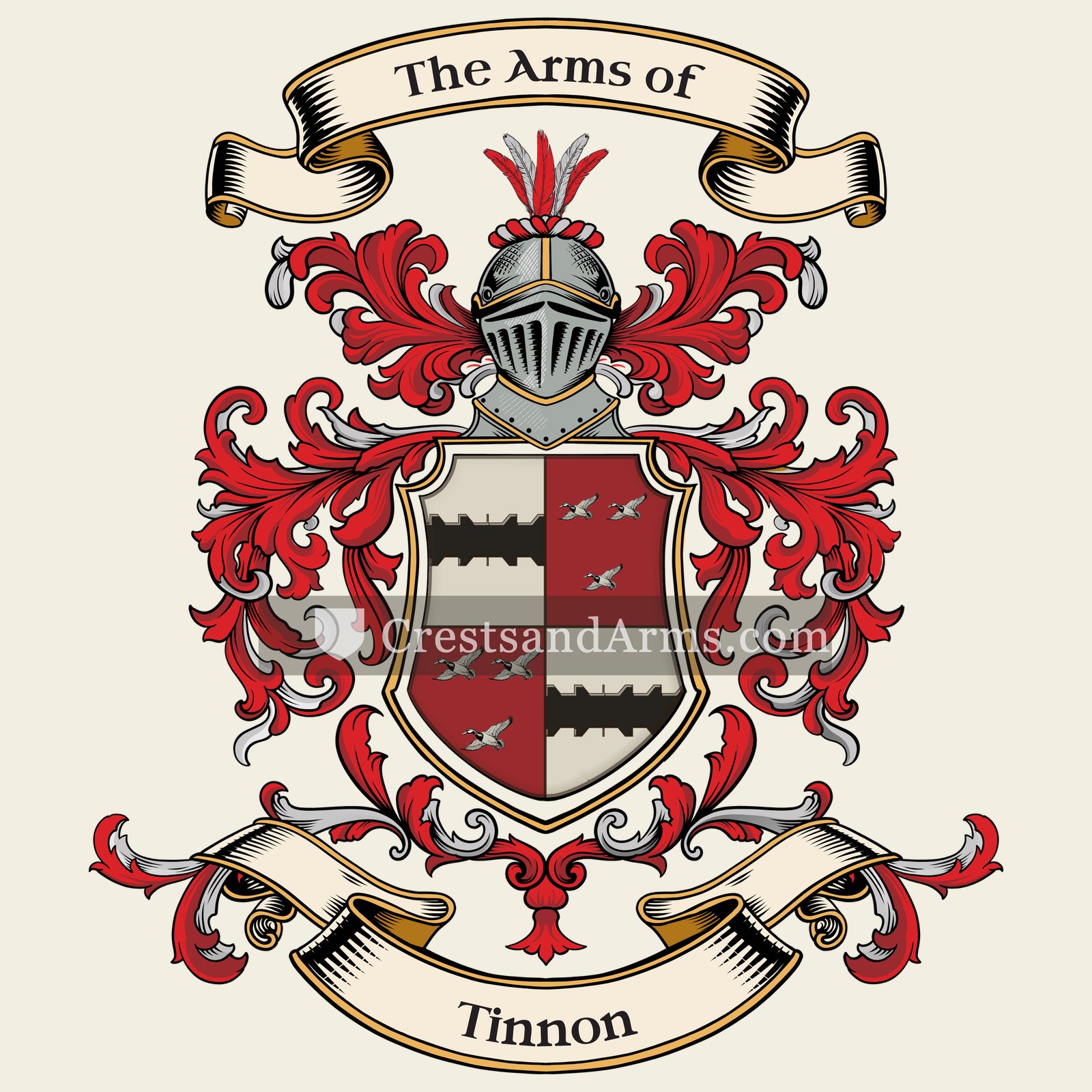 The Tinnon coat of arms, drawn from the recorded blazon