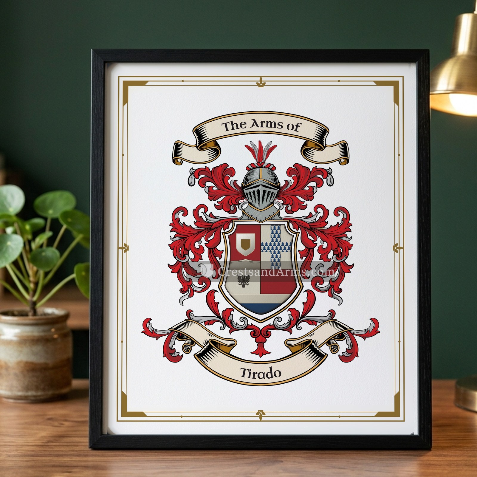 The Tirado arms on the framed, black wood