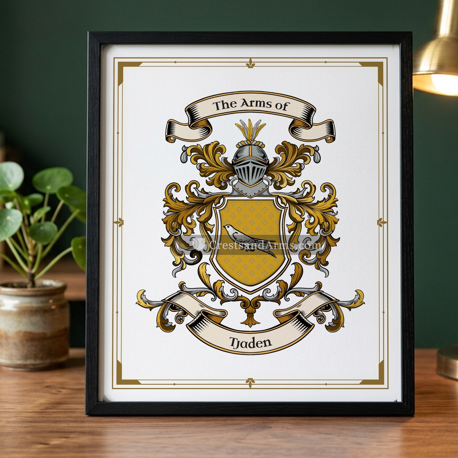 The Tjaden arms on the framed, black wood