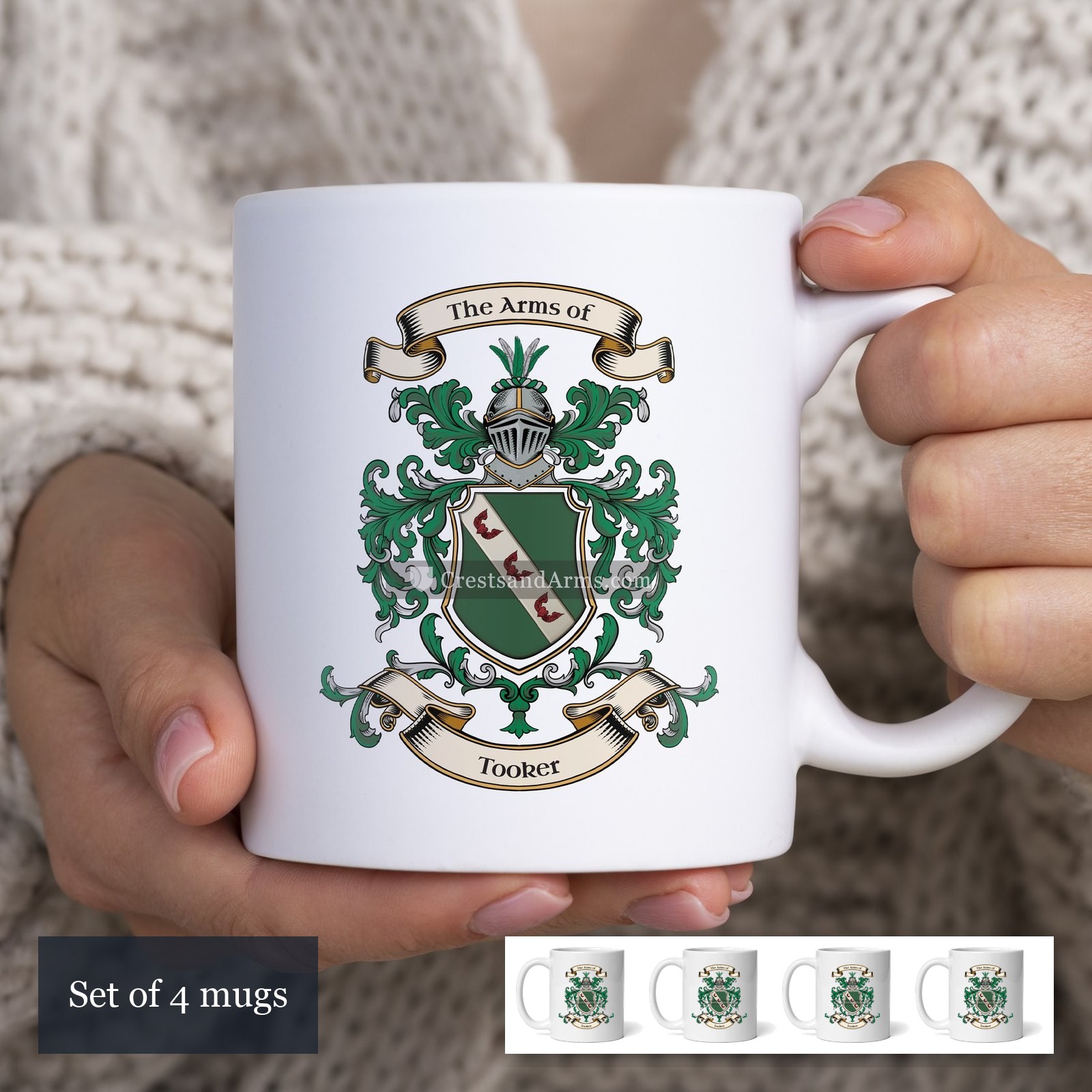 The Tooker arms on the set of 4 mugs
