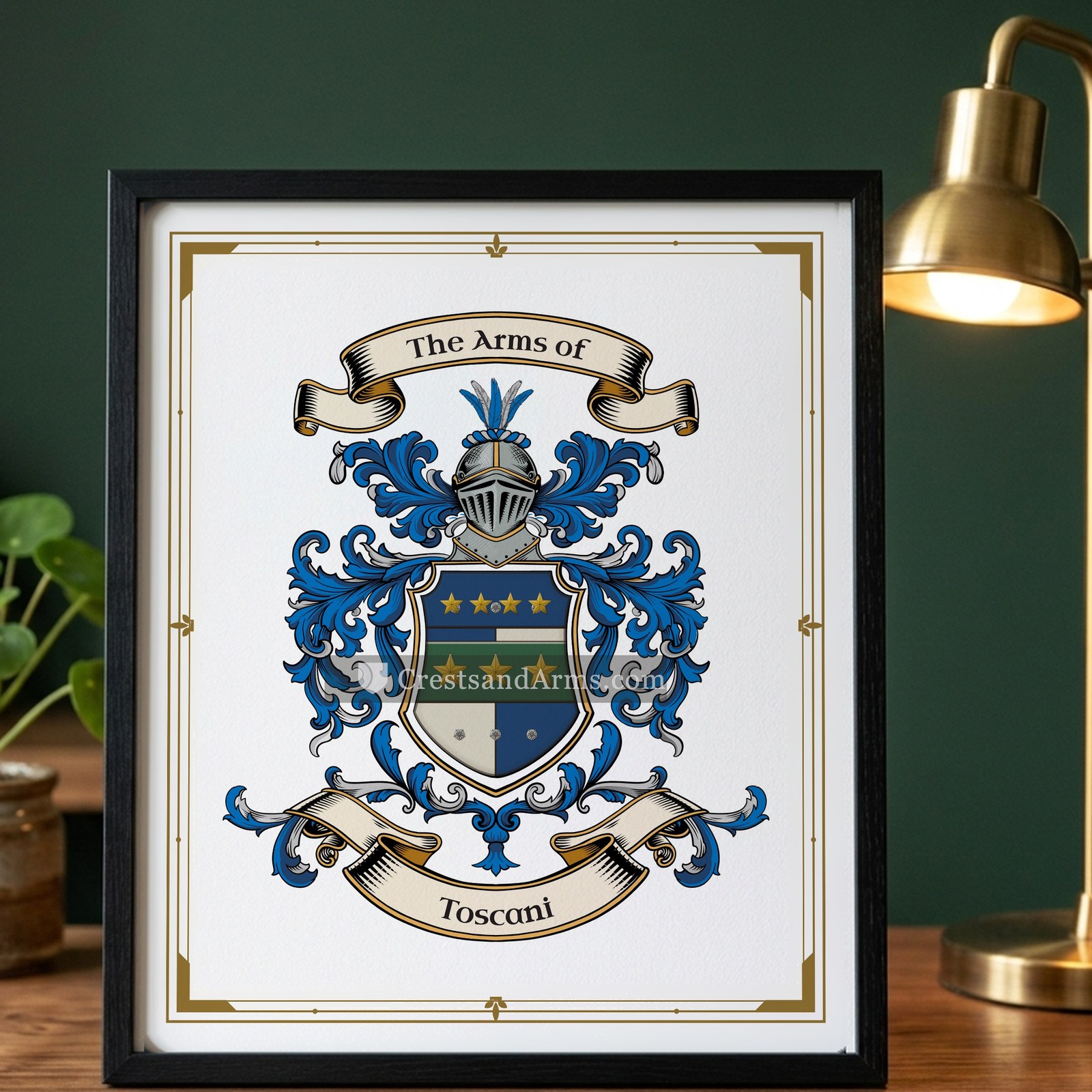 The Toscani arms on the framed, black wood