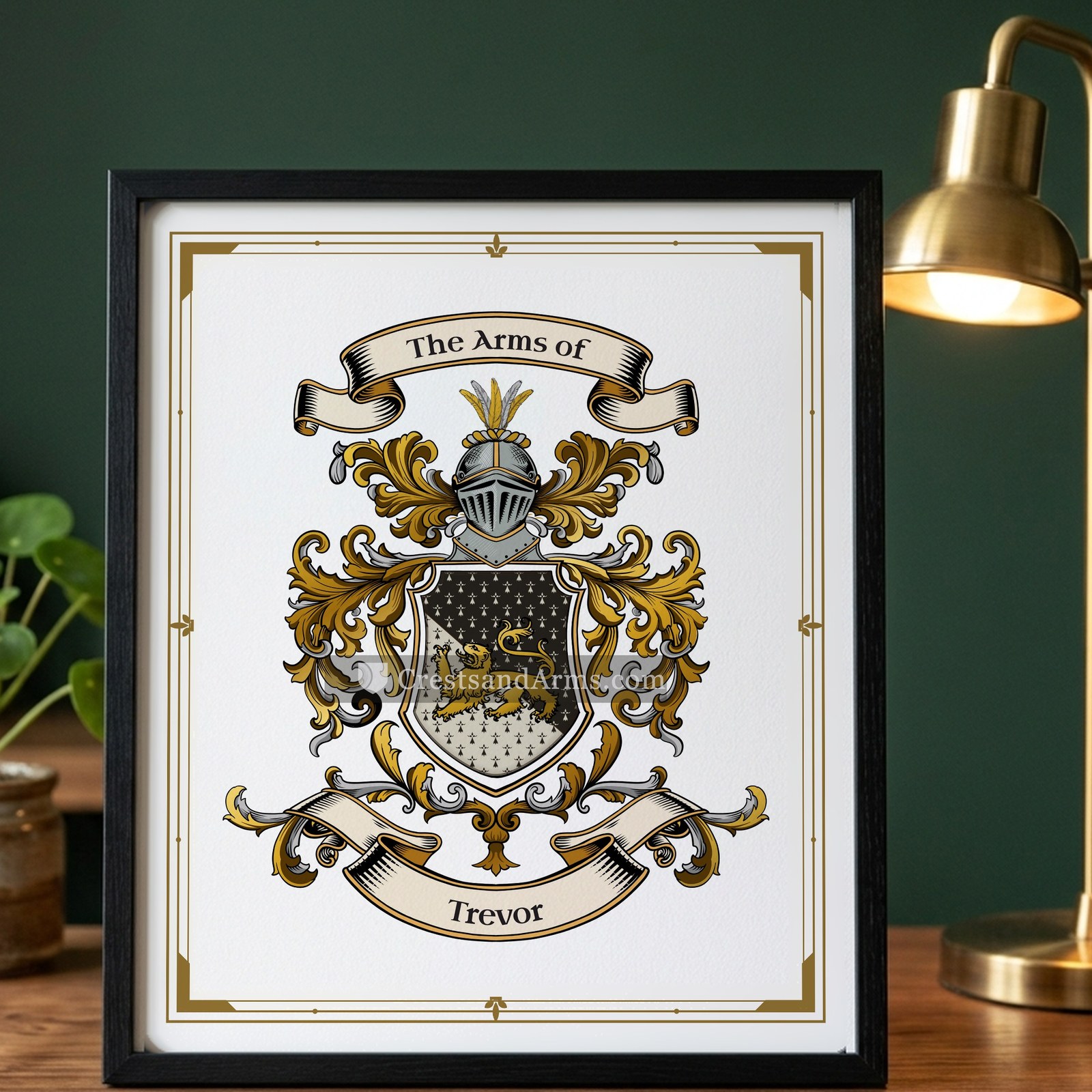 The Trevor arms on the framed, black wood