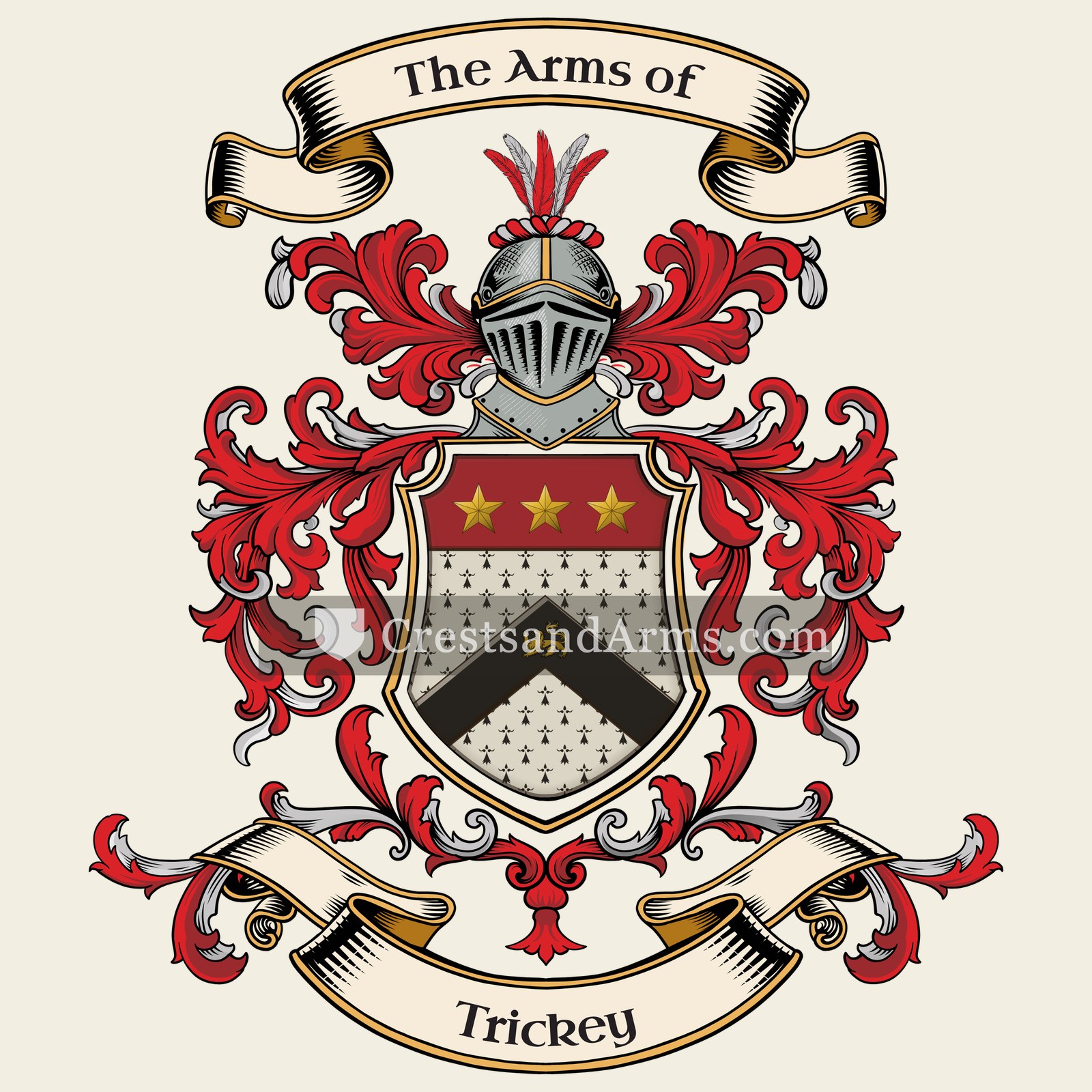 The Trickey coat of arms, drawn from the recorded blazon