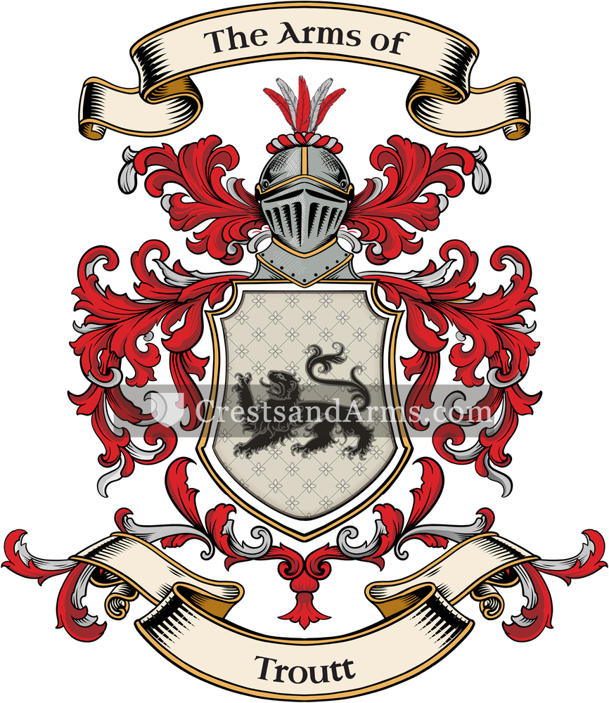 The Troutt coat of arms, drawn from the recorded blazon