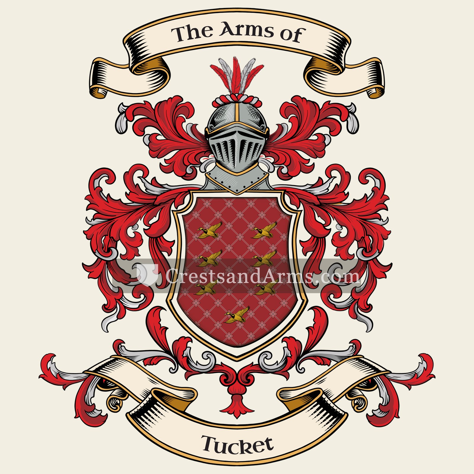 The Tucket coat of arms, drawn from the recorded blazon