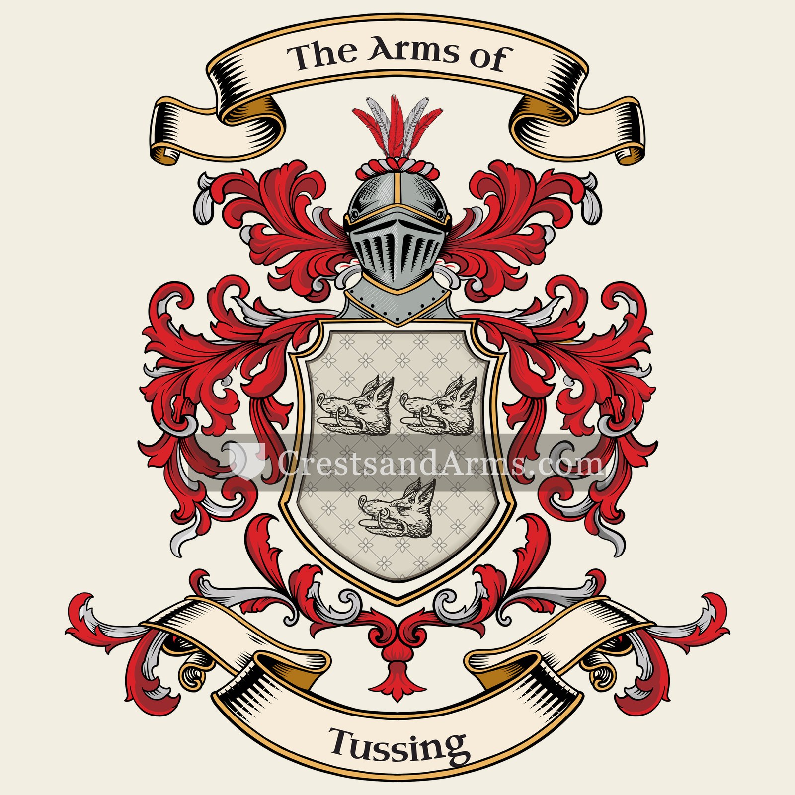 The Tussing coat of arms, drawn from the recorded blazon