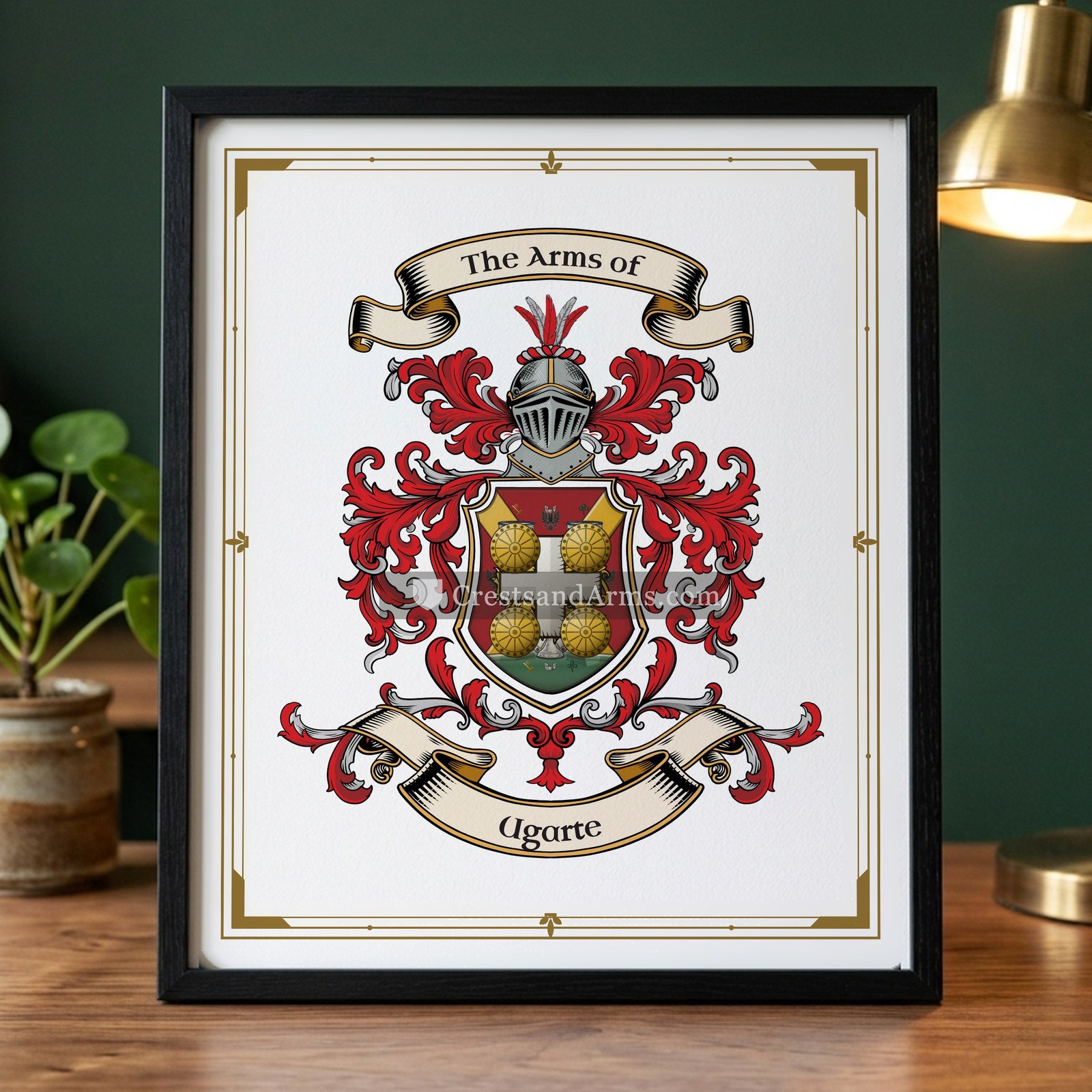 The Ugarte arms on the framed, black wood