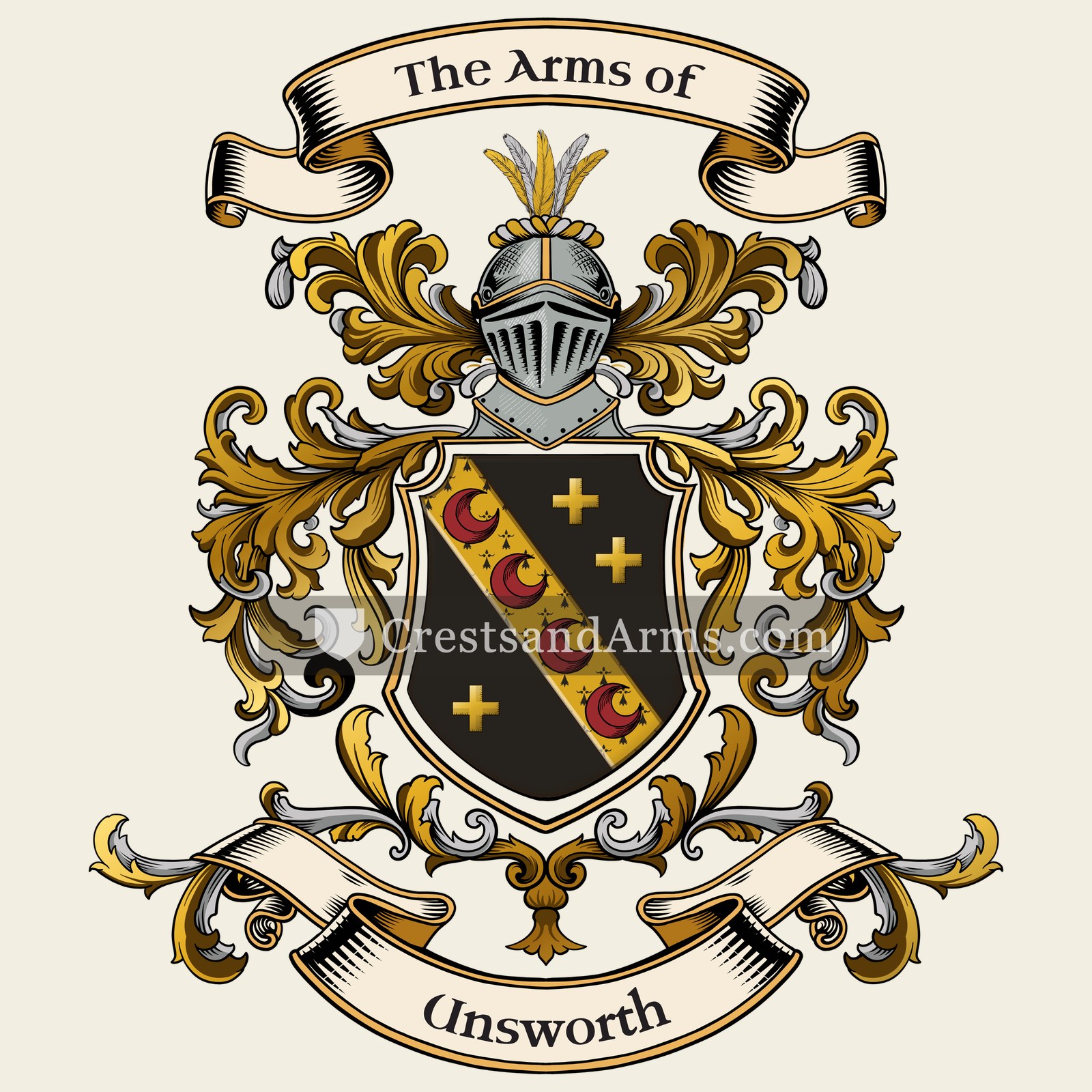 The Unsworth coat of arms, drawn from the recorded blazon