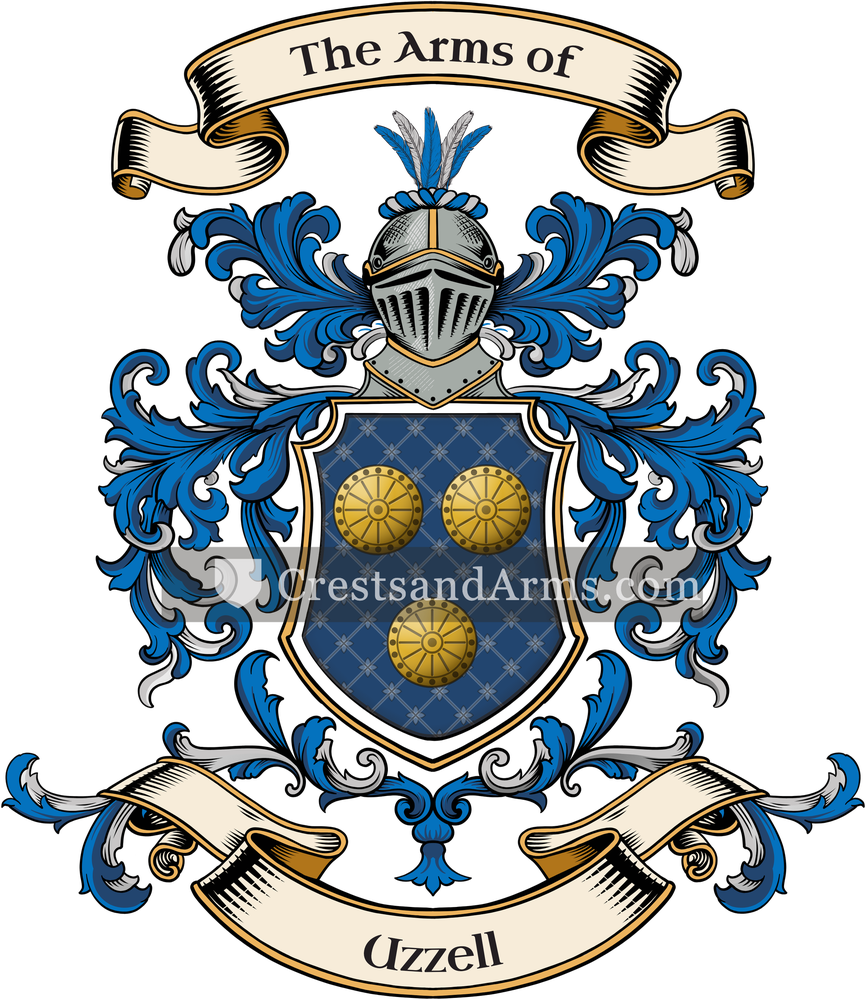 The Uzzell coat of arms, drawn from the recorded blazon