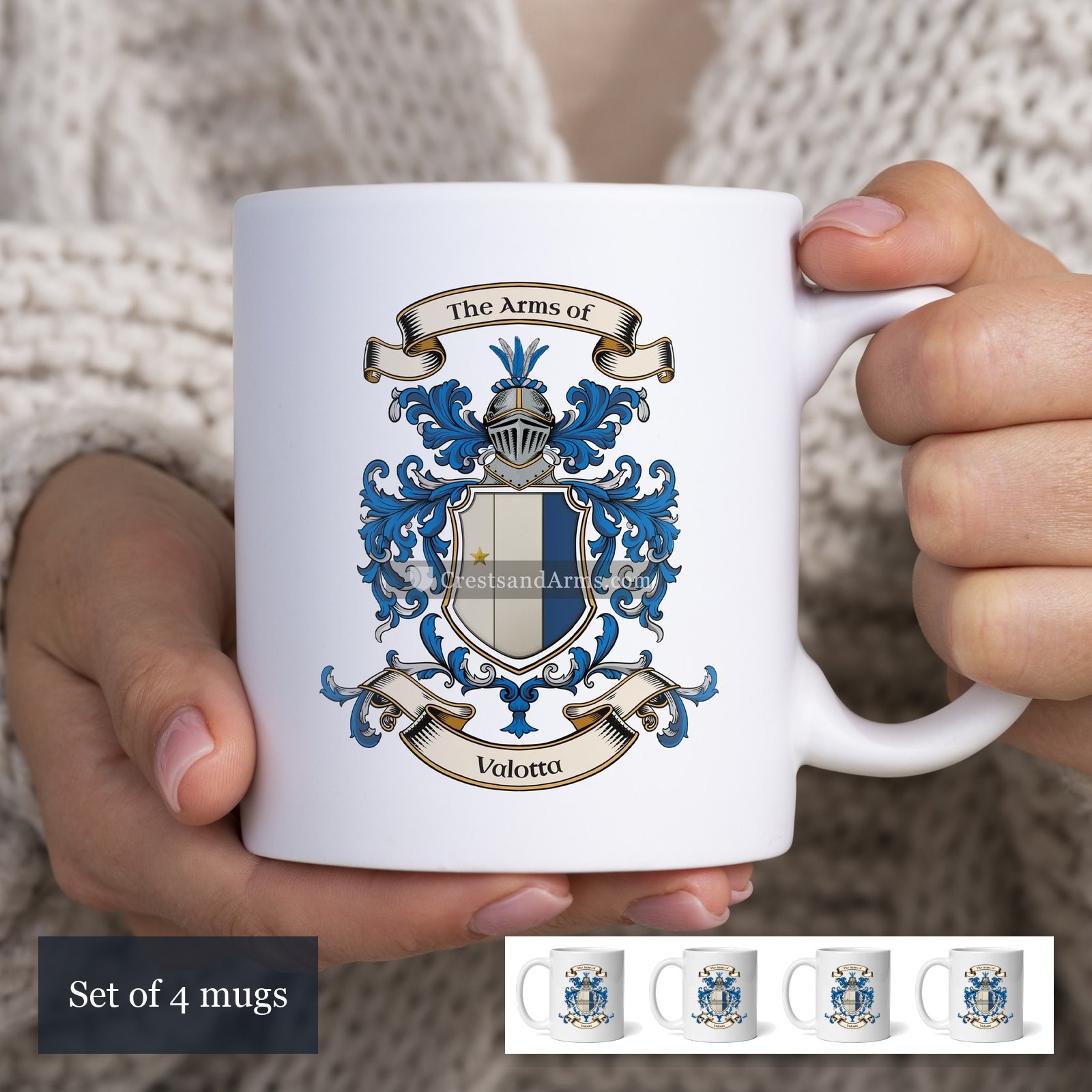 The Valotta arms on the set of 4 mugs