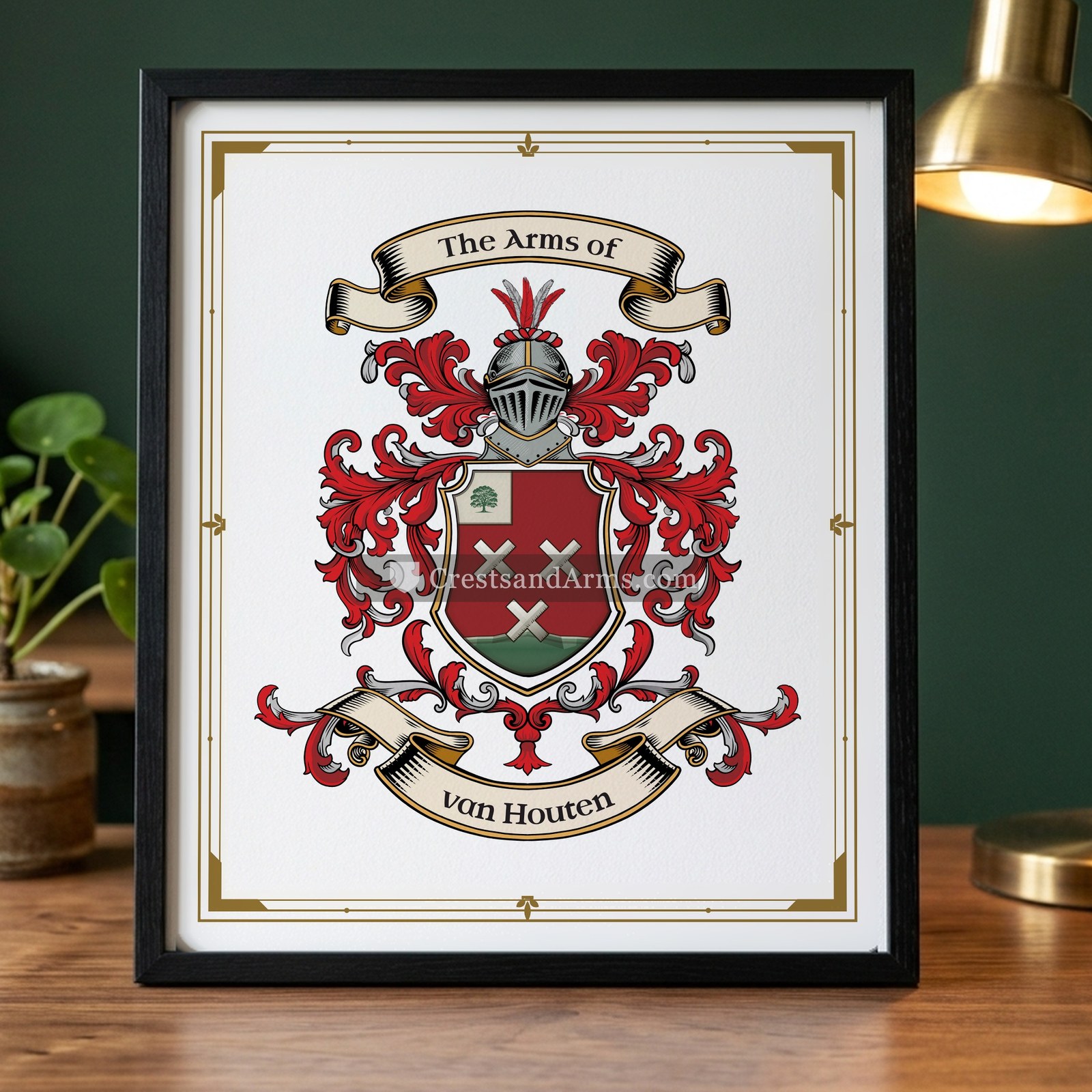 The van Houten arms on the framed, black wood